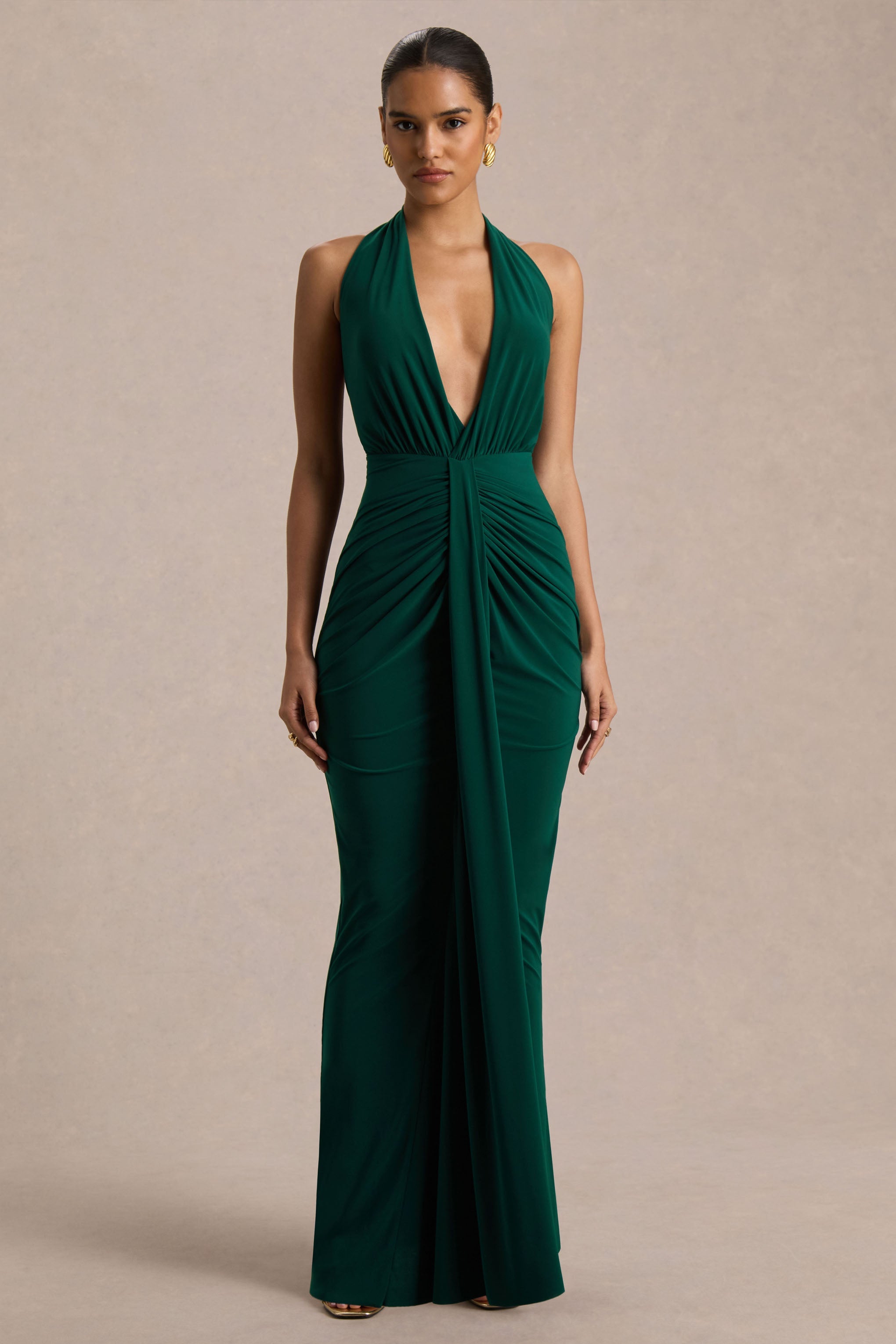 Lesley | Bottle Green Plunge-Neck Maxi Dress