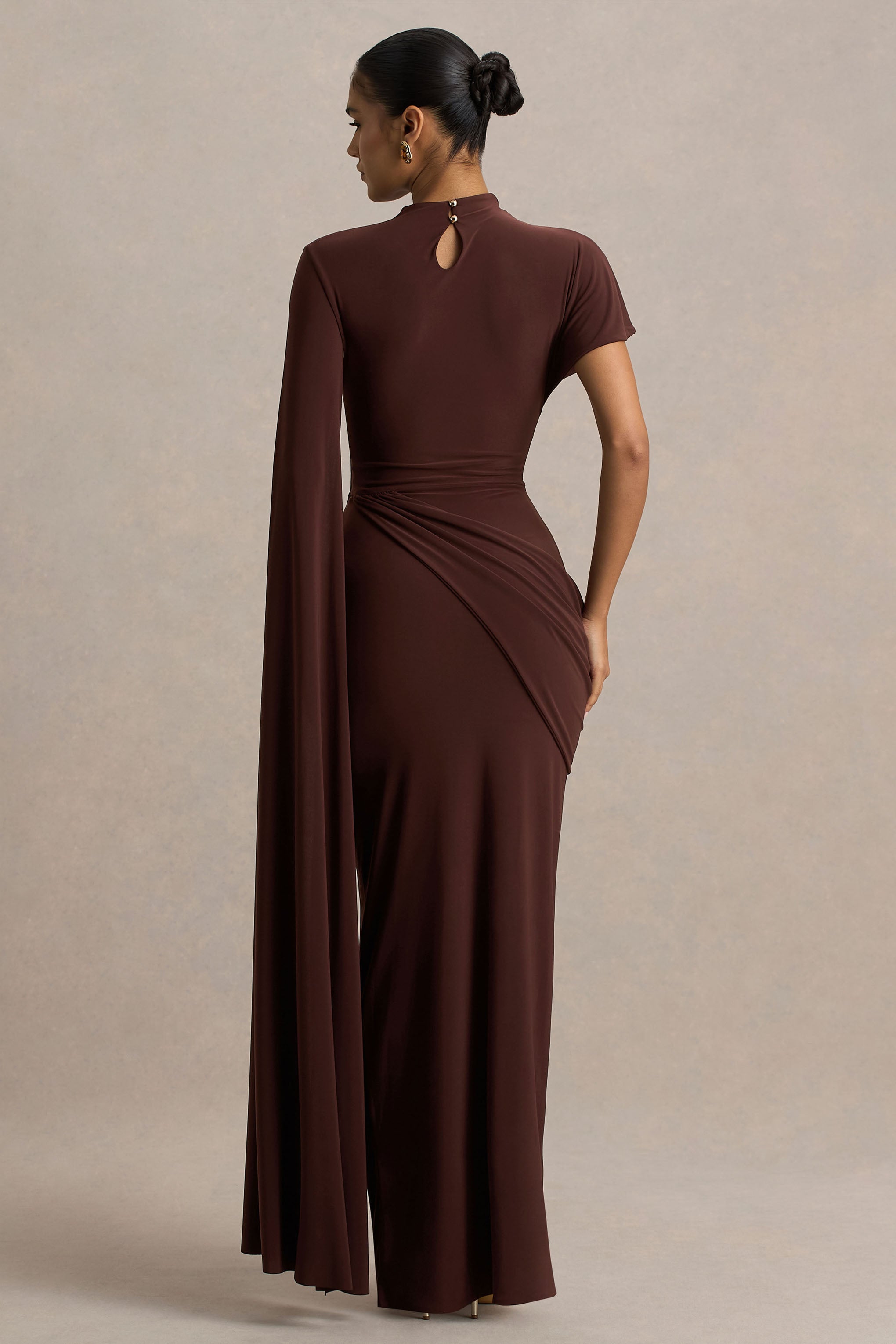 Tropic | Brown High-Neck Maxi With Long Cape Sleeve