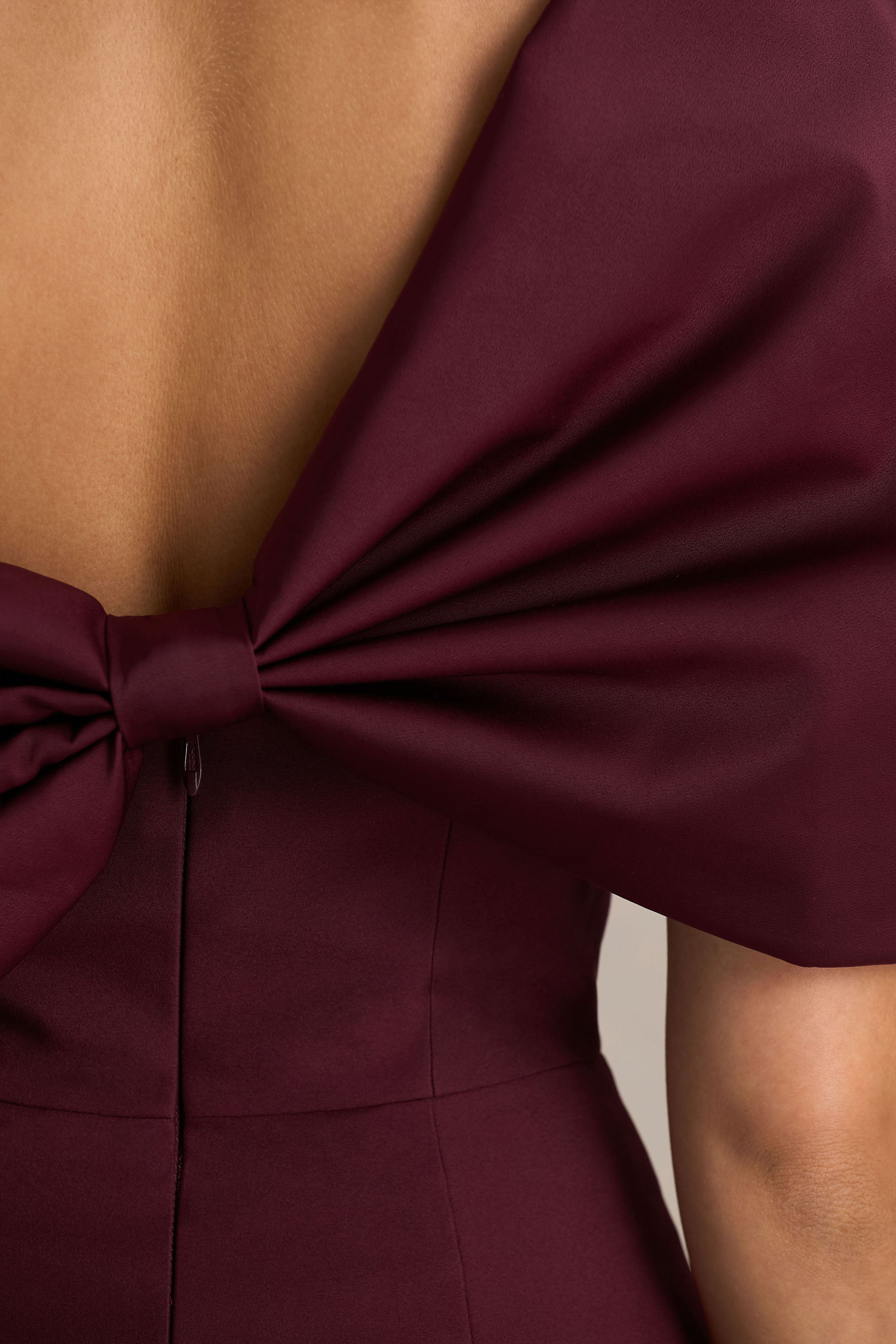 Lucille | Burgundy Asymmetric Bardot Midi Dress With Bow Detail