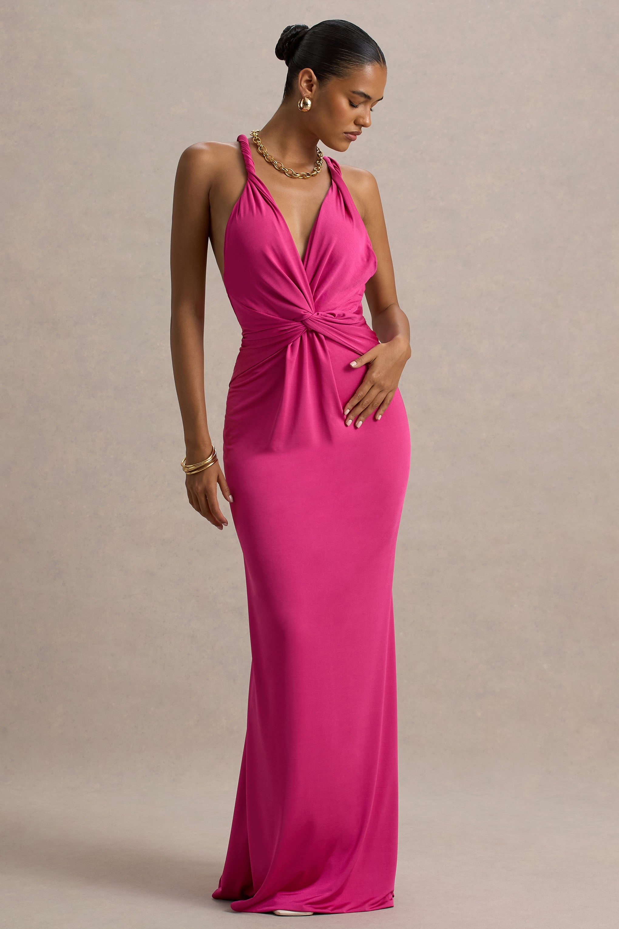 Santez | Hot Pink Twisted Plunge-Neck Maxi Dress