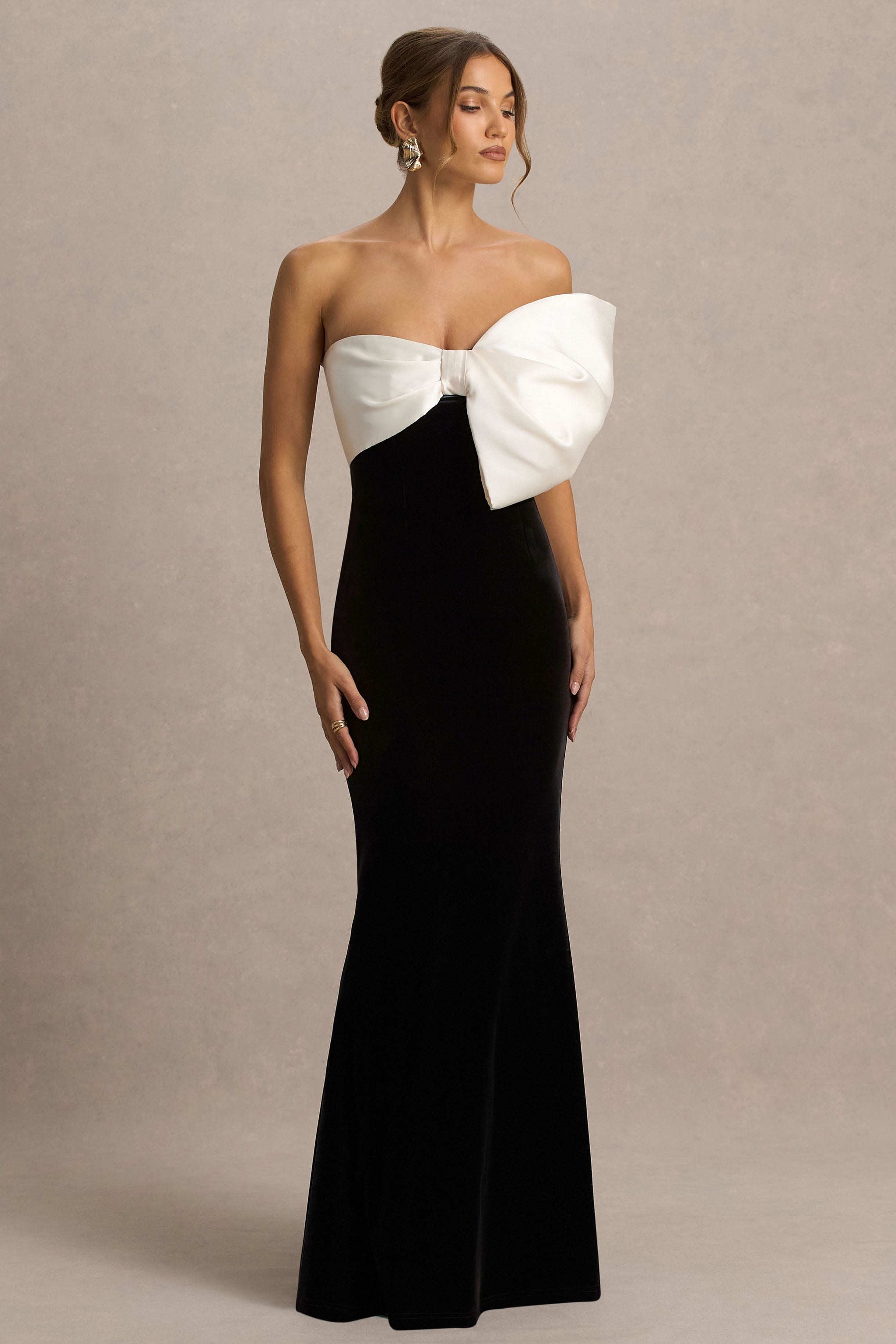 Divulge | Black And White Velvet Asymmetric-Neck Maxi Dress With Bow Detail