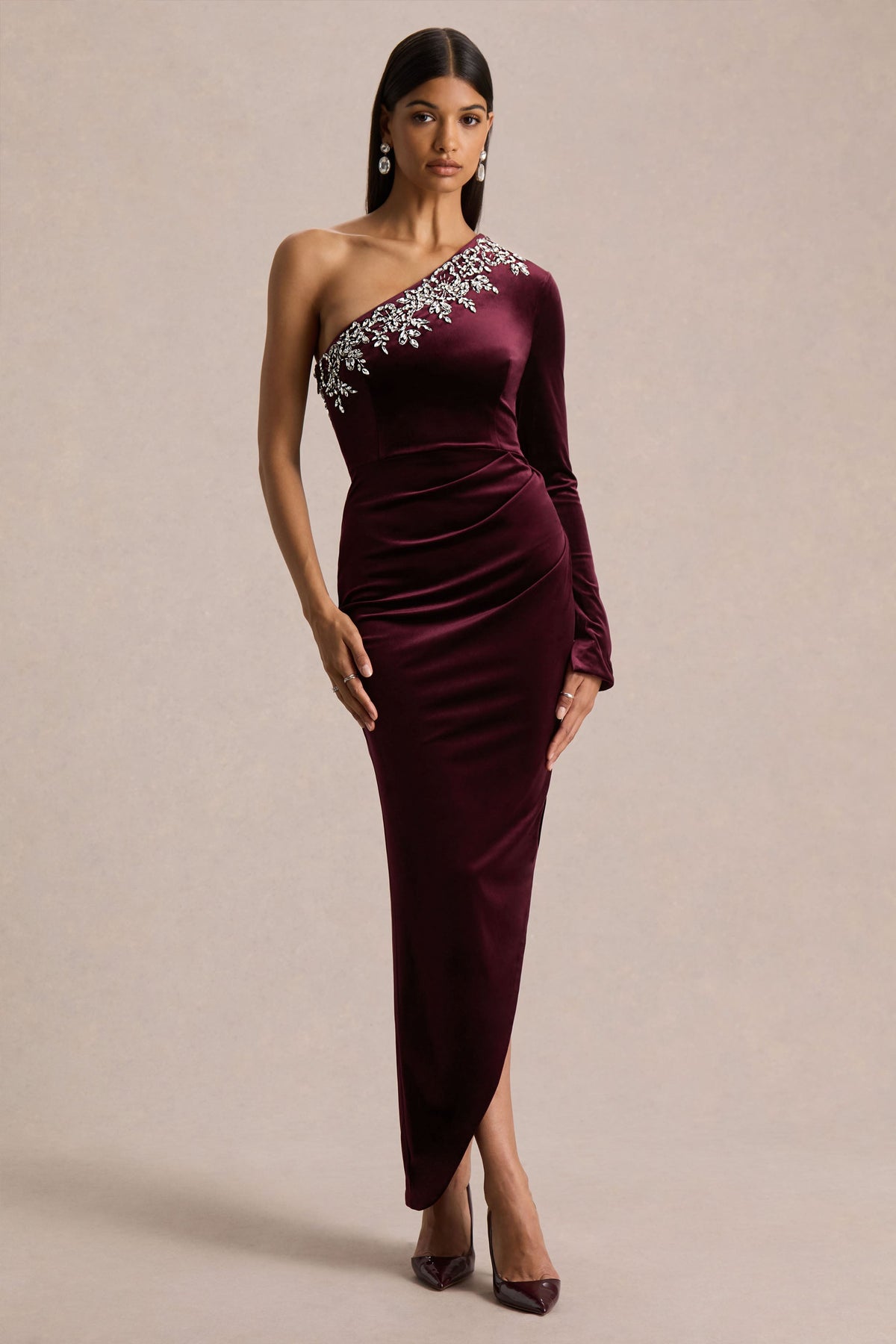 Nyssa | Burgundy Embellished Asymmetric-Neck Maxi Dress