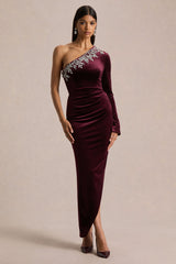 Nyssa | Burgundy Embellished Asymmetric-Neck Maxi Dress