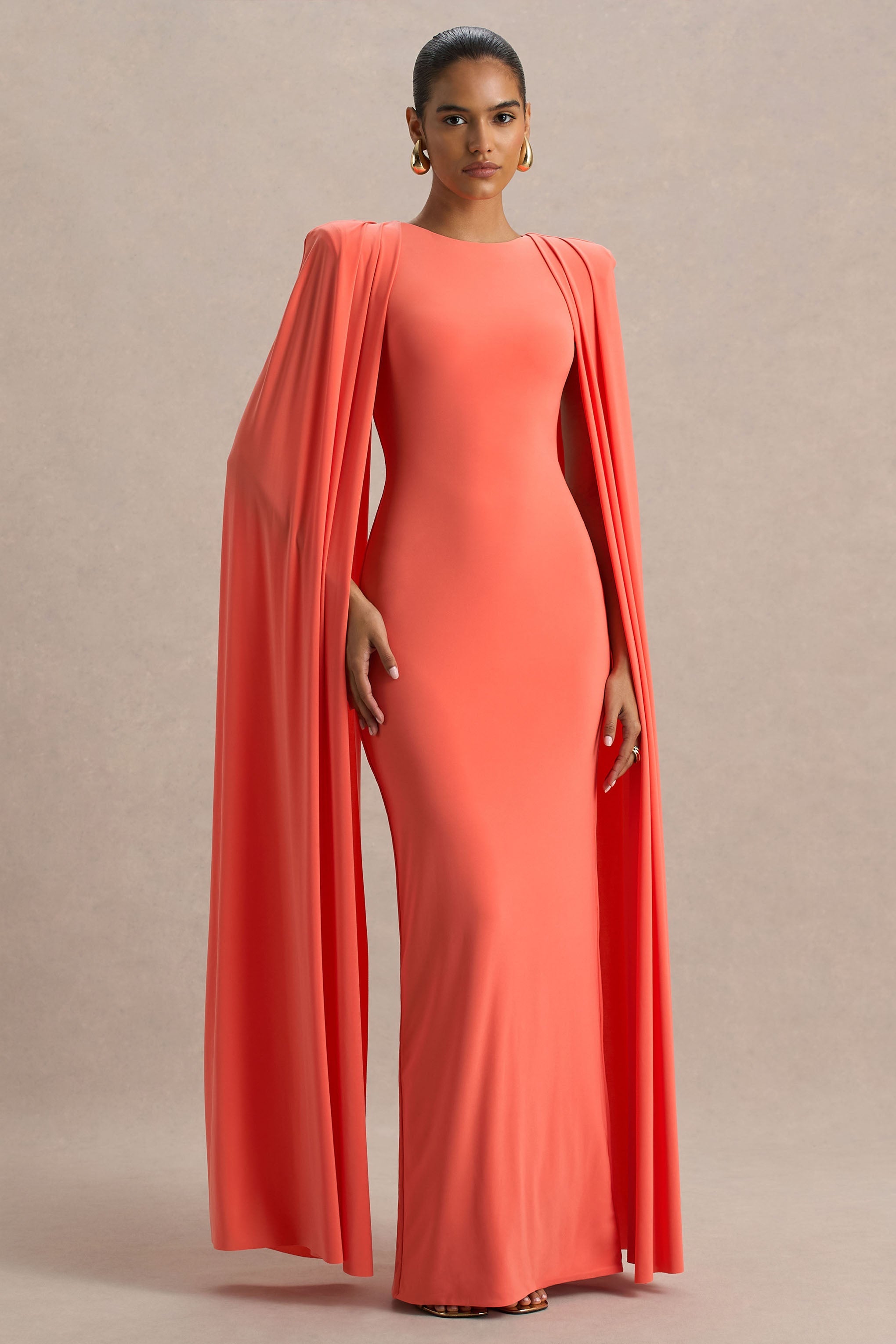 Mimi | Coral High-Neck Maxi Dress With Cape Sleeve Detail