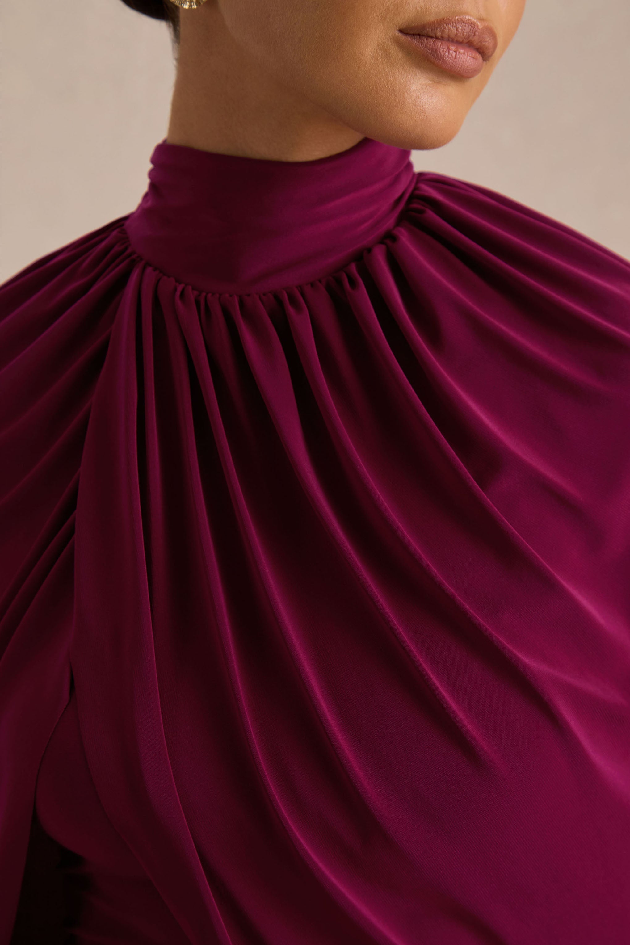 Honora | Burgundy High-Neck Midi Dress With Cape-Sleeves