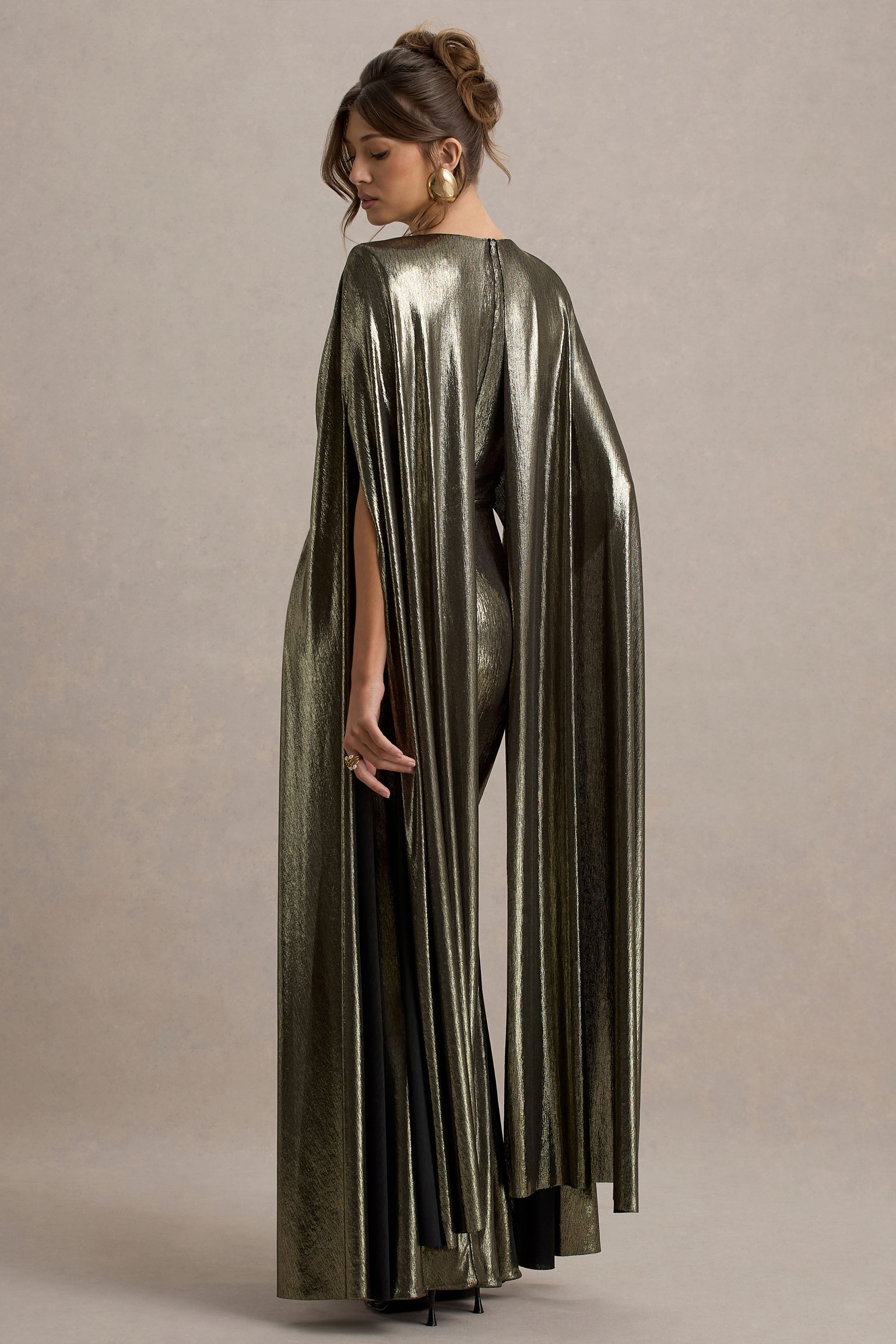 Theia | Gold Metallic Cape-Sleeve Split Maxi Dress
