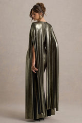 Theia | Gold Metallic Cape-Sleeve Split Maxi Dress
