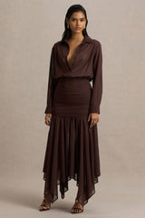 Kris | Brown Plunge-Neck Maxi Dress With Ruched Detailing