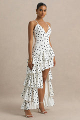 Bogota | Polka Dot Plunge-Neck Maxi Dress With Ruffling Details And Front High Split