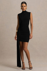 Sorenna | Black High-Neck Mini-Dress With Wrap And Sash Detail