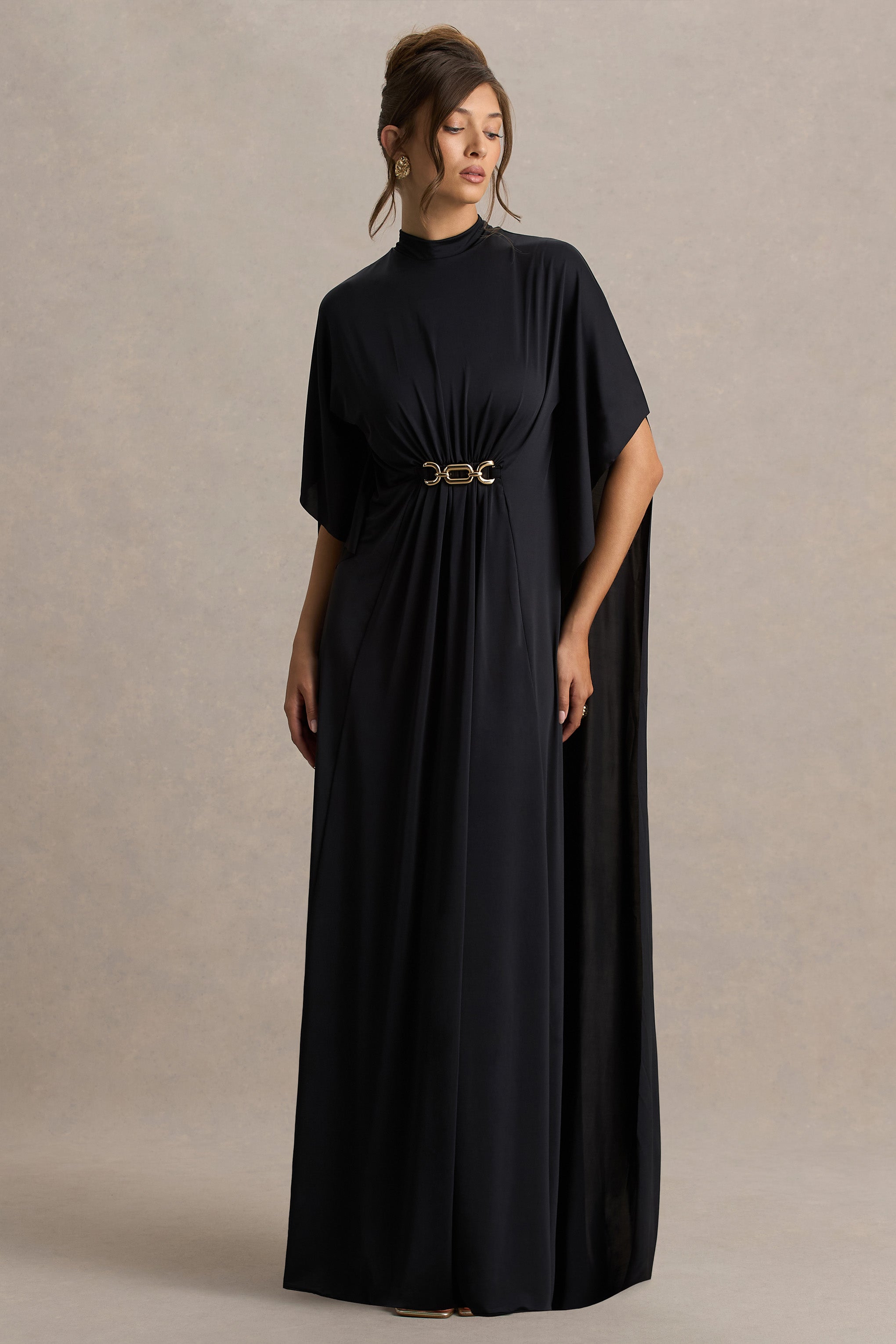 Olessia | Black Belted Gathered Cape-Sleeve Maxi Dress