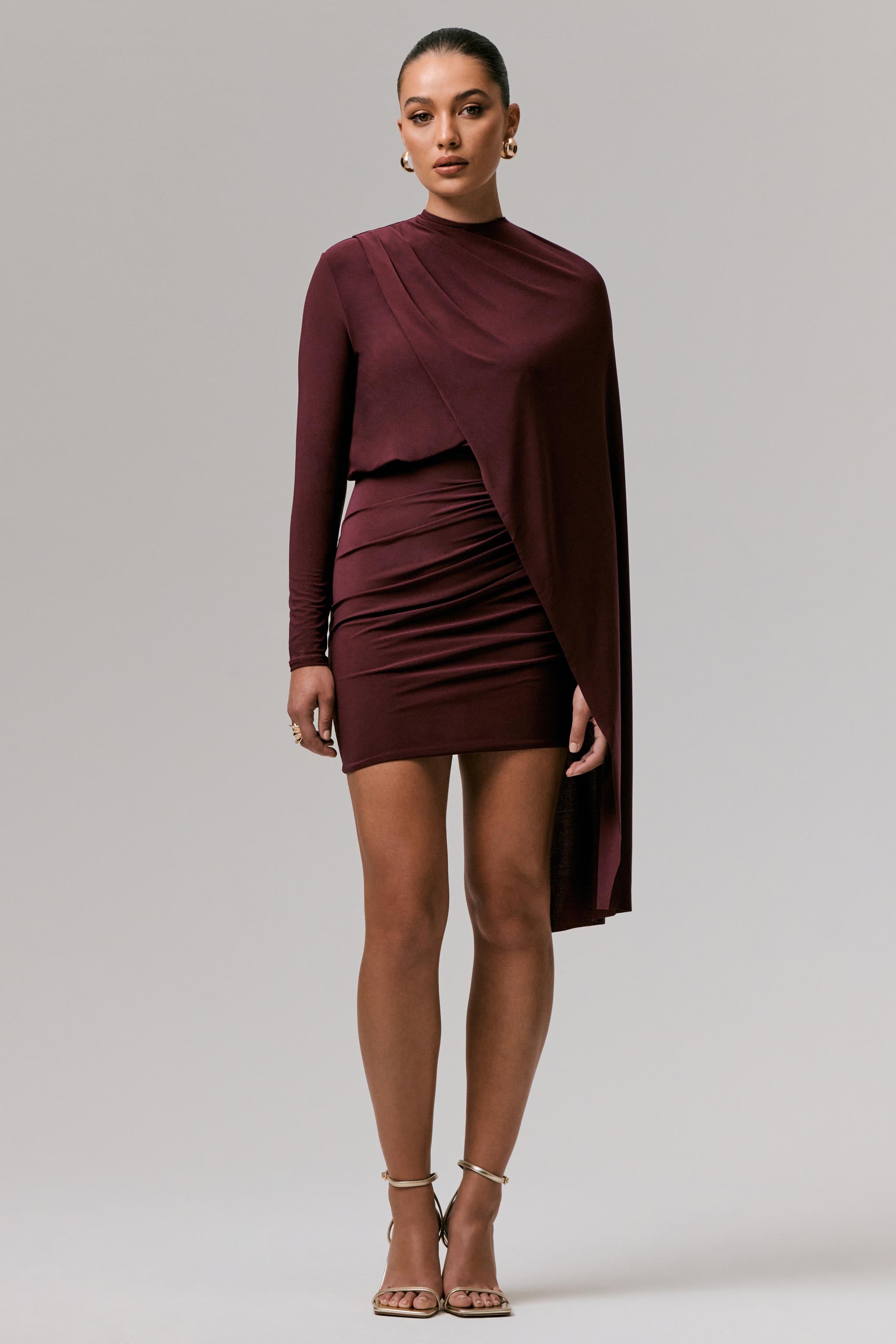 Celeste | Burgundy Long-Sleeve Mini Dress With Cape Sleeve