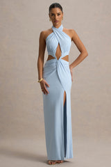 Aura | Powder Blue Halter-Neck Cut-Out Split Maxi Dress