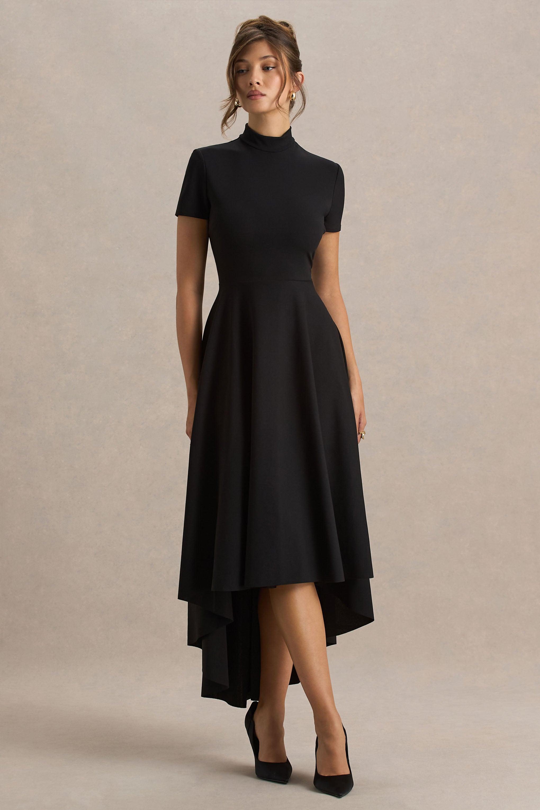 Bellona | Black High-Neck High-Low Midi Dress