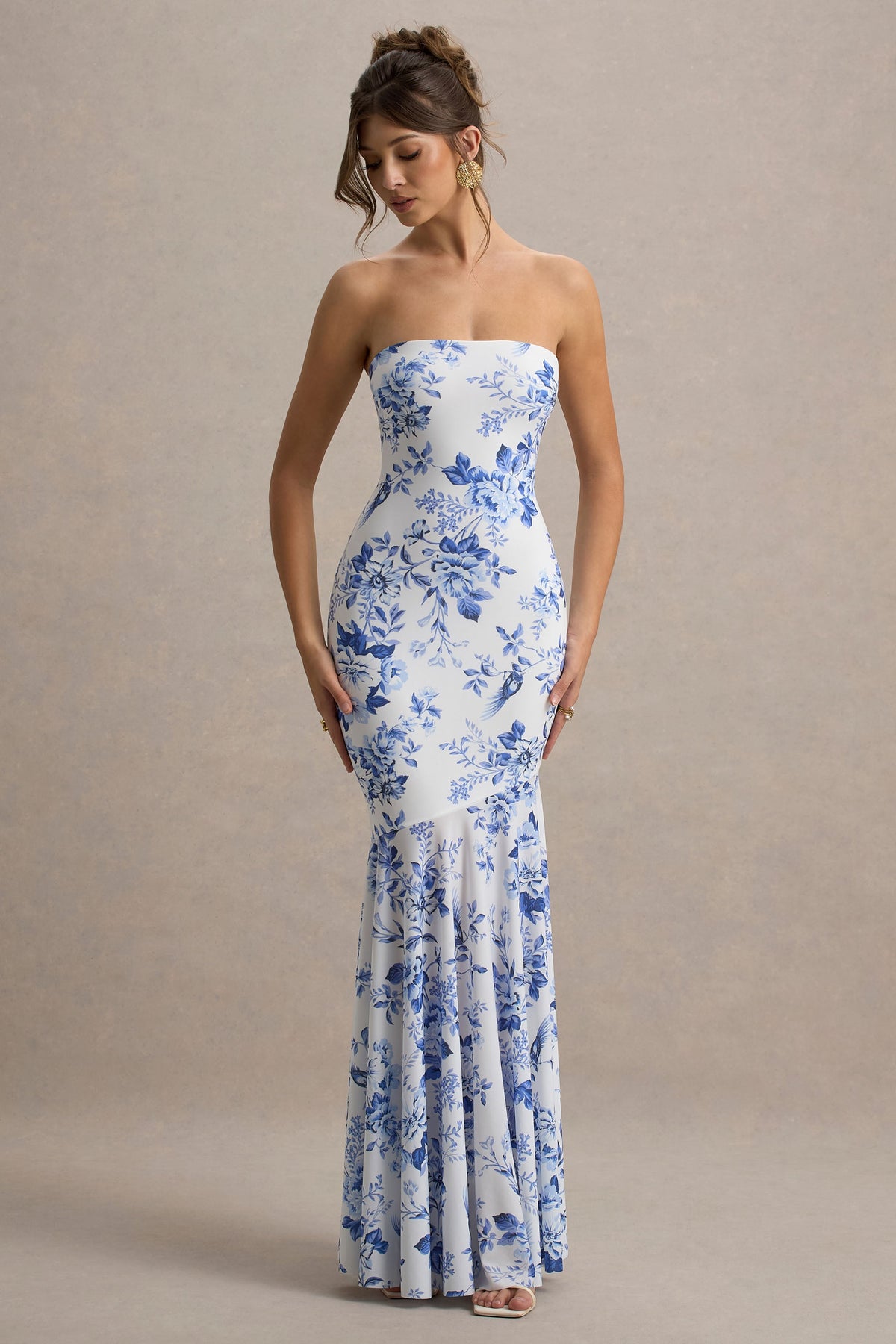 Callie | Blue Porcelain Print Bandeau Fishtail Maxi Dress