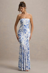 Callie | Blue Porcelain Print Bandeau Fishtail Maxi Dress