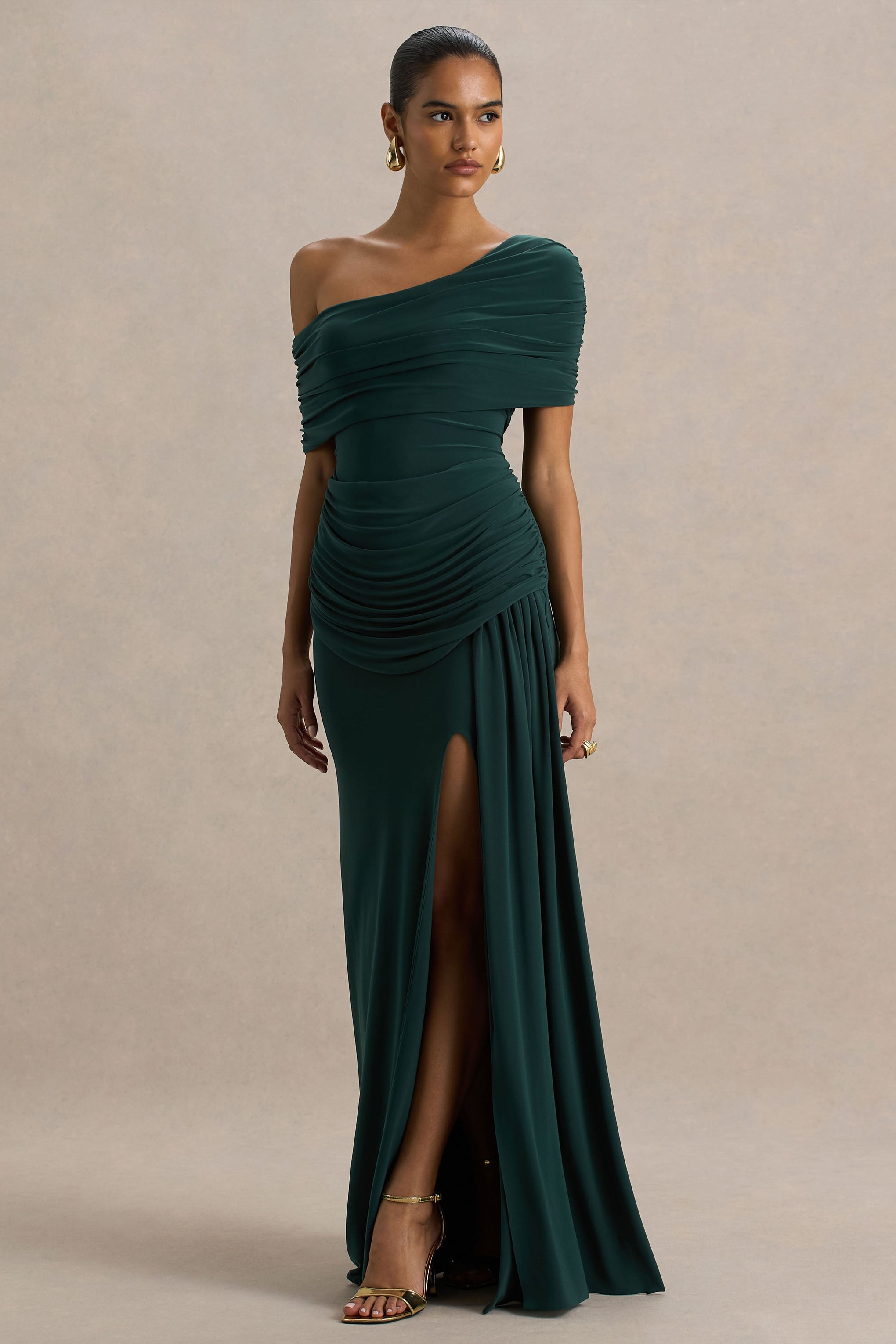 Dynasty | Dark Green Asymmetric-Neck Maxi Dress With Ruched Detailing And Front High-Split