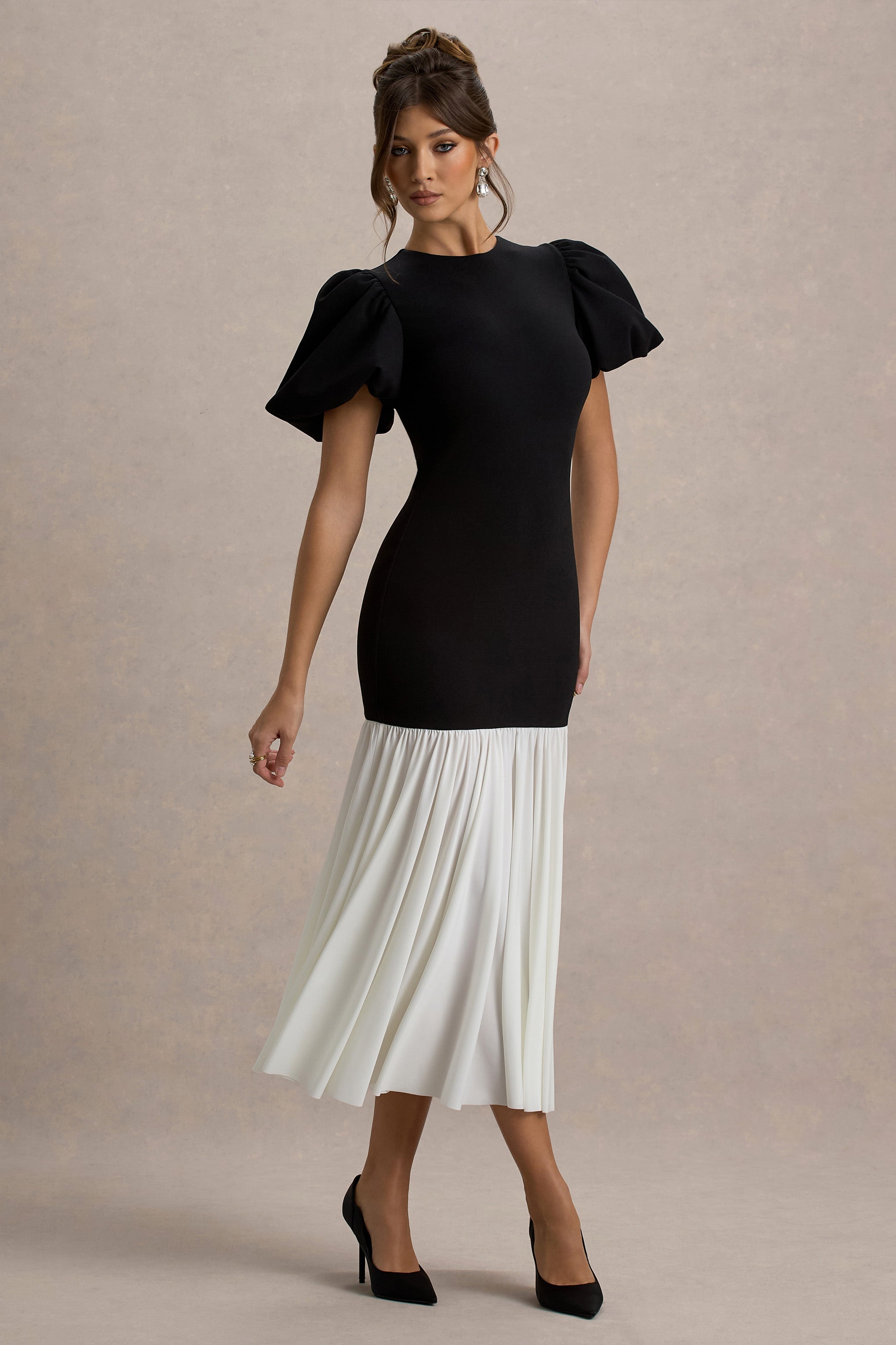 Cinzia | Black & White Puff-Sleeve Volume-Hem Midi Dress