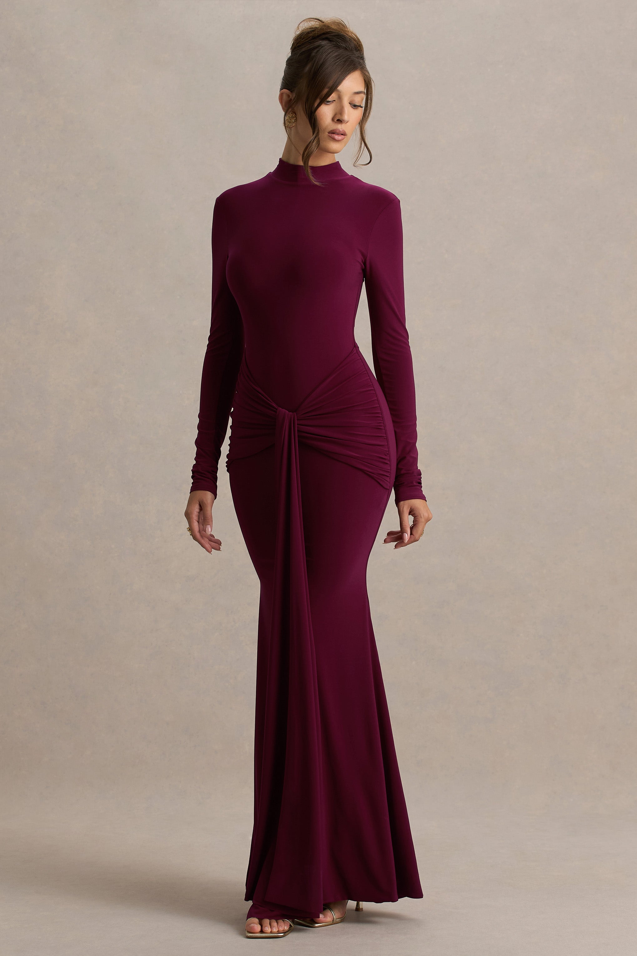 Pietra | Berry High-Neck Long Sleeve Knot Maxi Dress