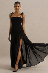 Maeva | Black Square-Neck Fishtail Maxi Dress With Ruched Detailing