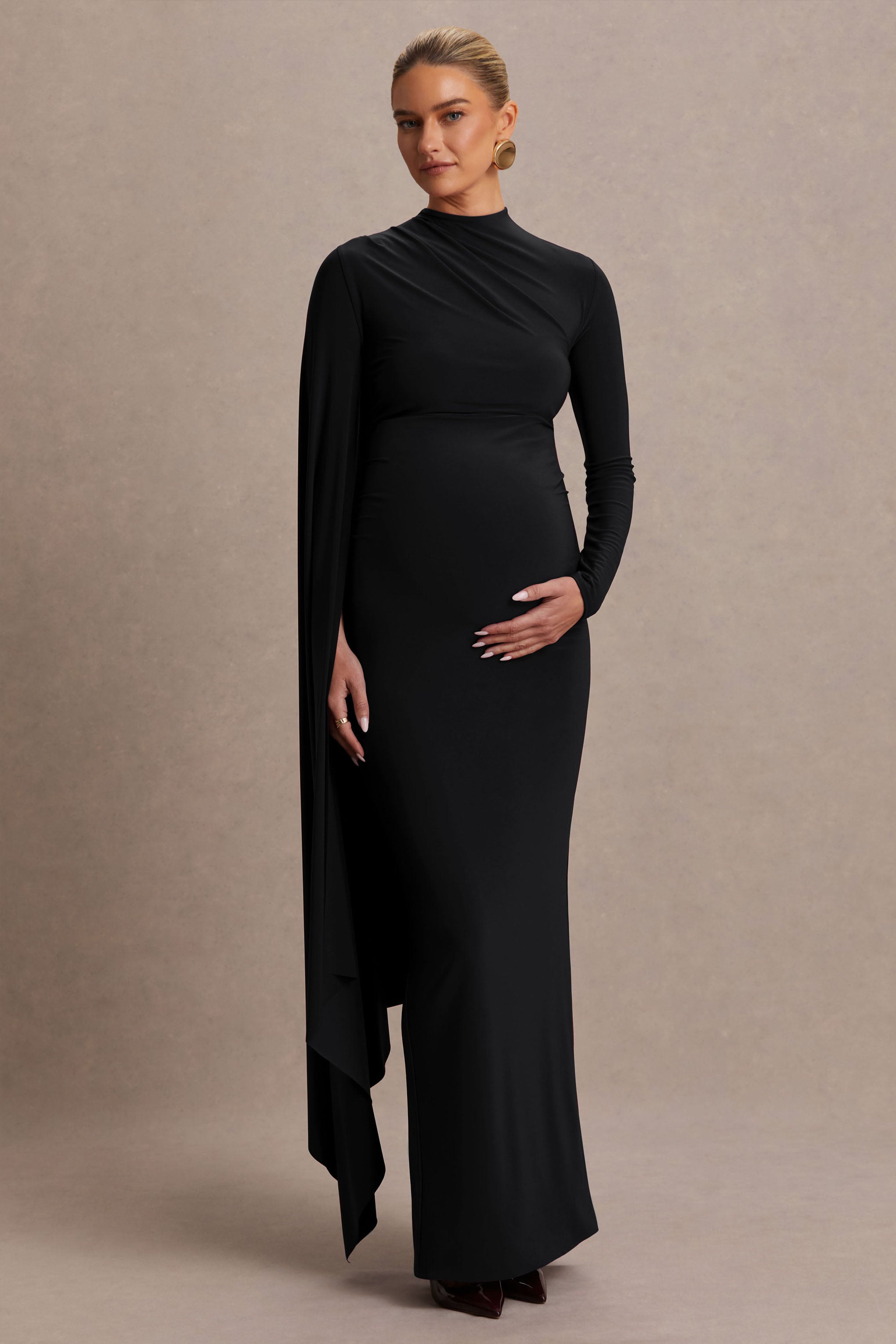 Lavinia | Black High-Neck Maternity Maxi Dress With Cape-Sleeve