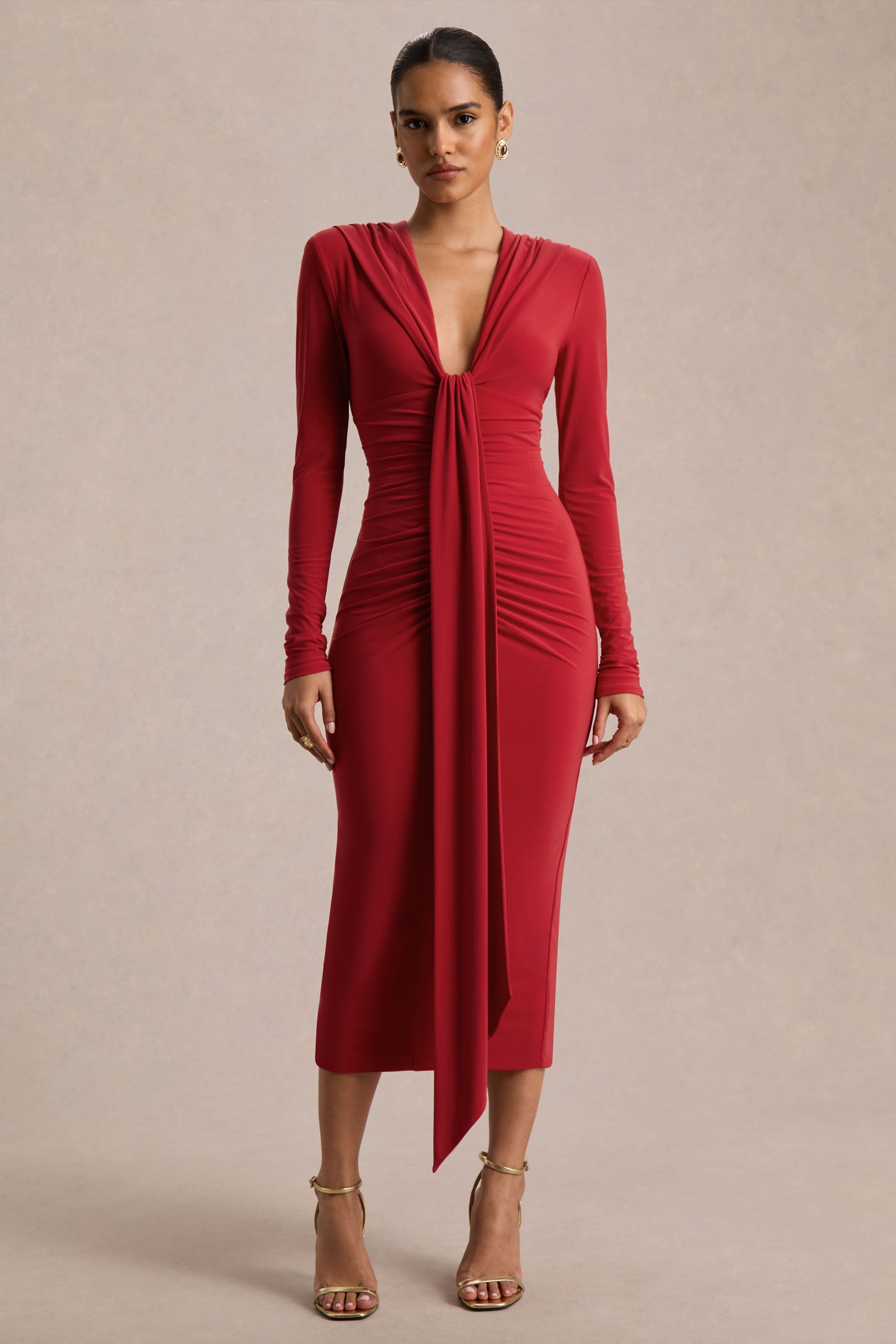 Ivara | Red Plunge-Neck Maxi Dress With Ruched Detailing And Sash