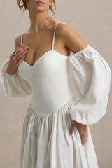 Macie | Cream Sweetheart Midi Dress With Balloon Sleeves