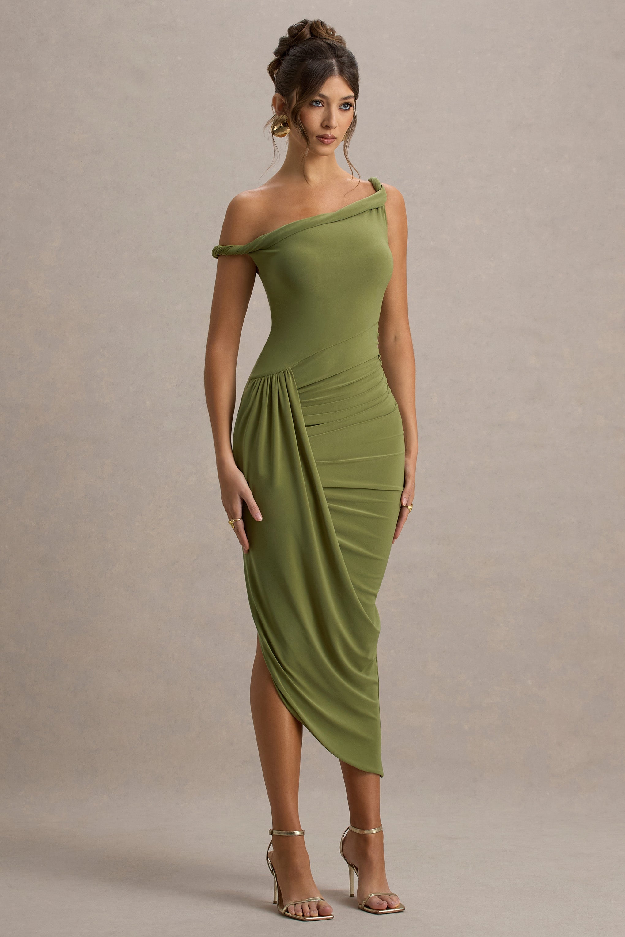 Angelique | Olive Green Twisted Asymmetric Maxi Dress