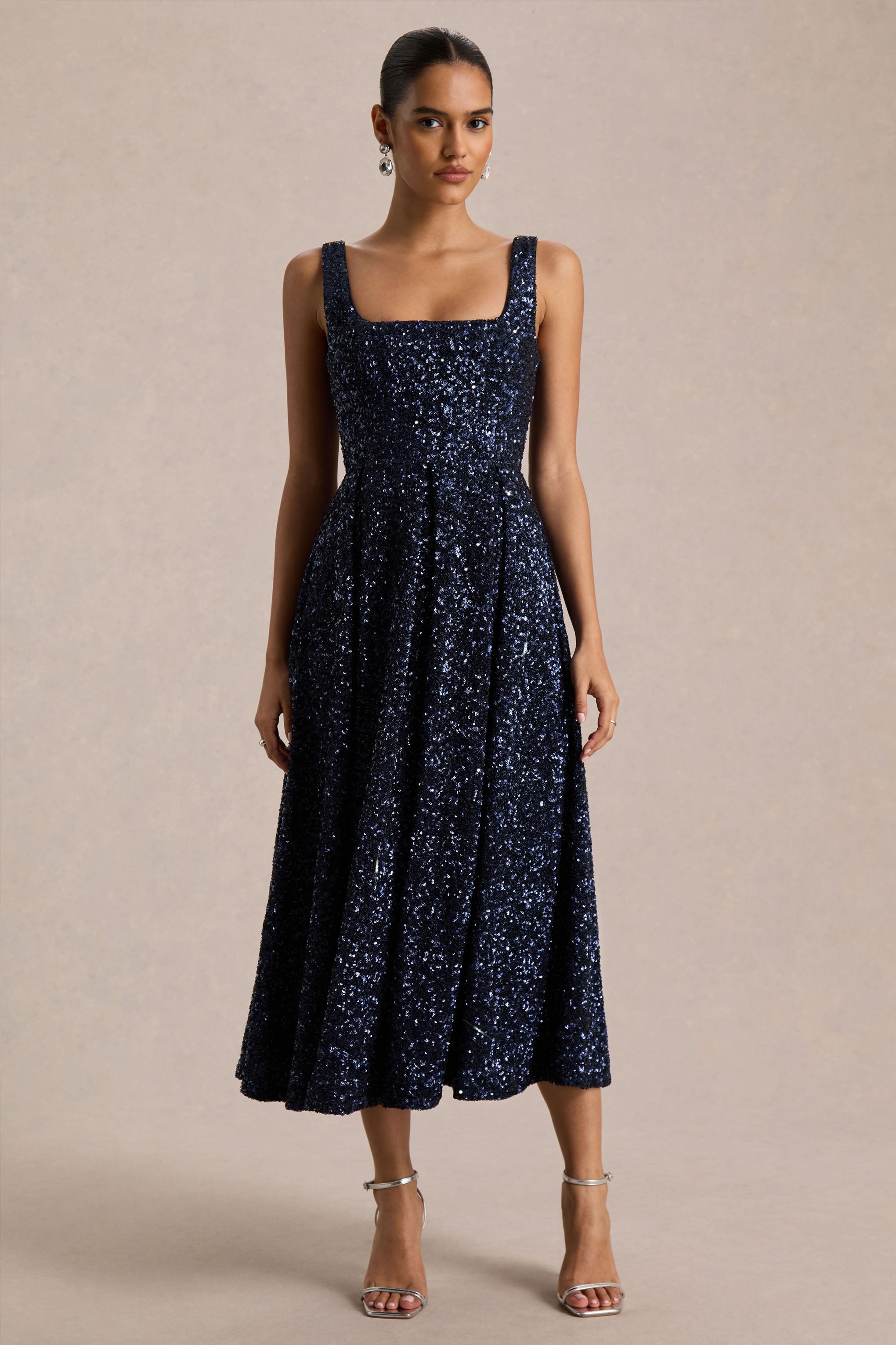 Lima | Navy Sequin Square-Neck A-Line Midi Dress