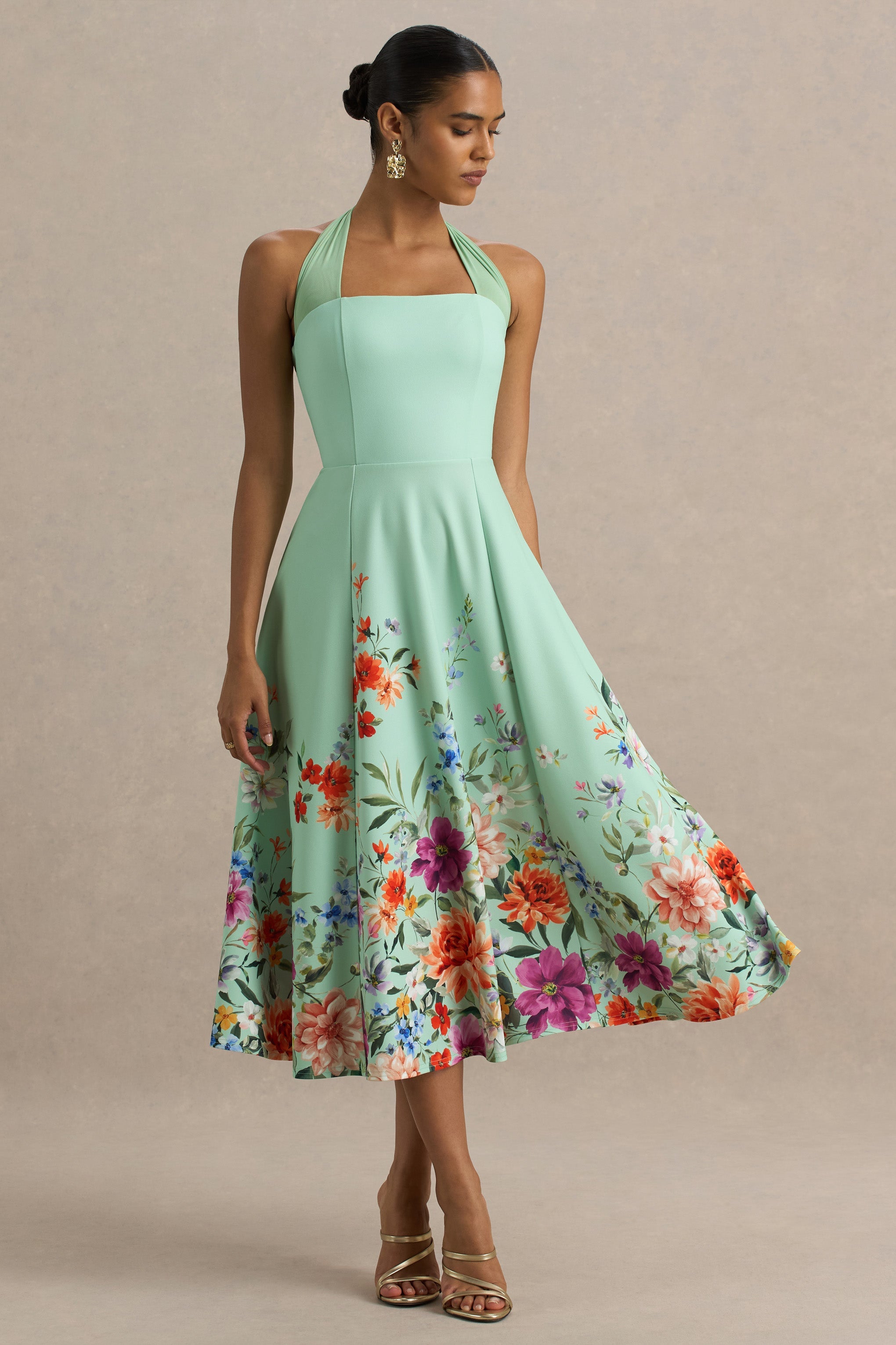 Auburn | Mint Placement Floral Halter-Neck Midi Dress