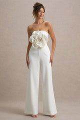 Opia | White Bandeau Wide-Leg Jumpsuit With Large Floral Corsage