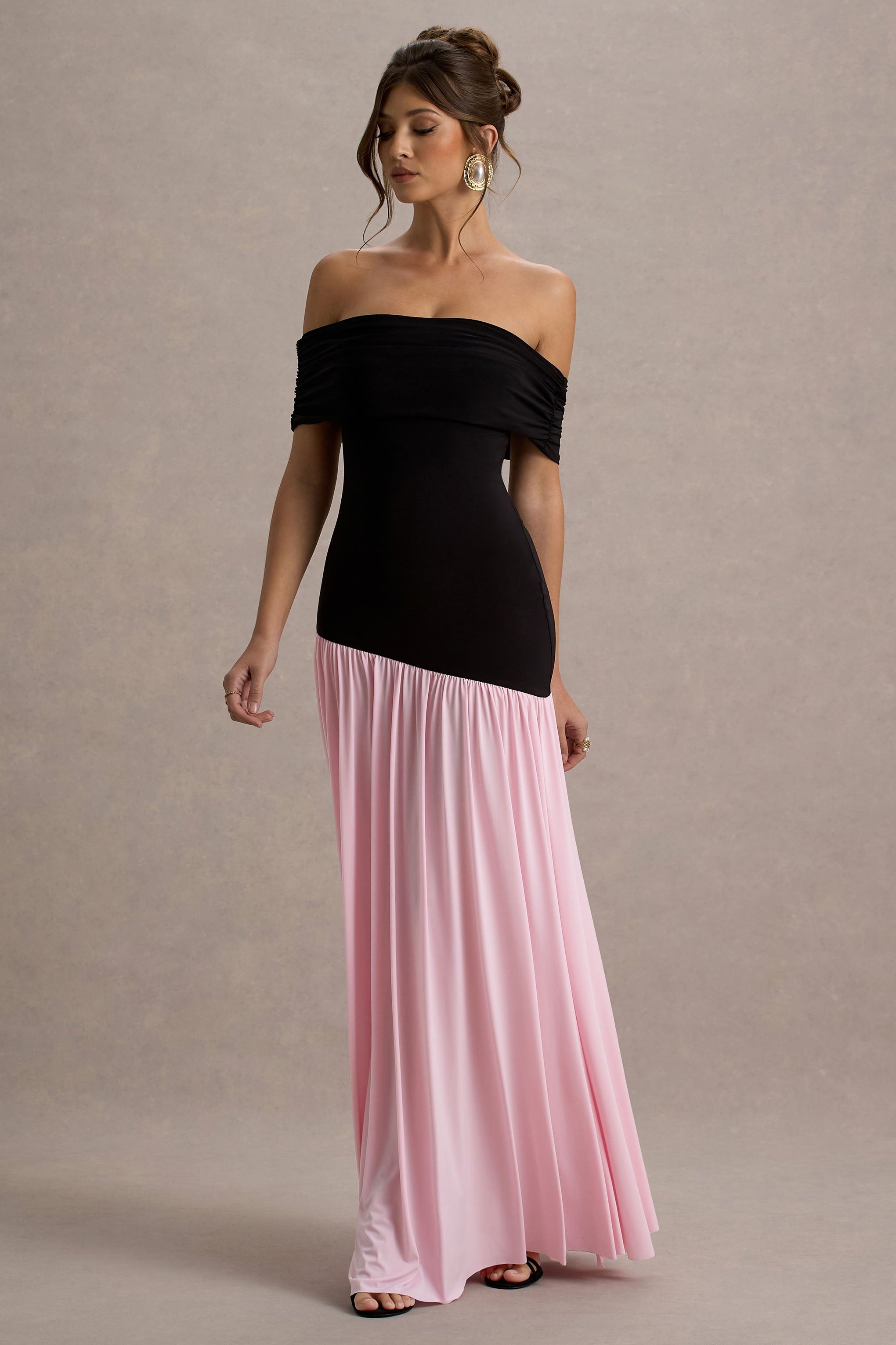 Venezia | Black & Pink Bardot Maxi Dress With Drop-Waist