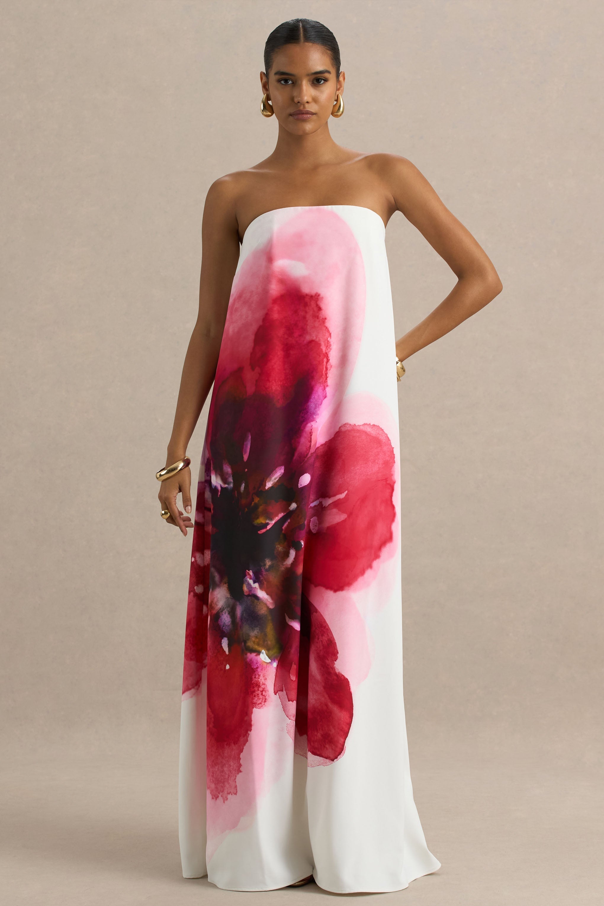 Breonna | Bright Pink Floral Placement Print Bandeau Maxi Dress
