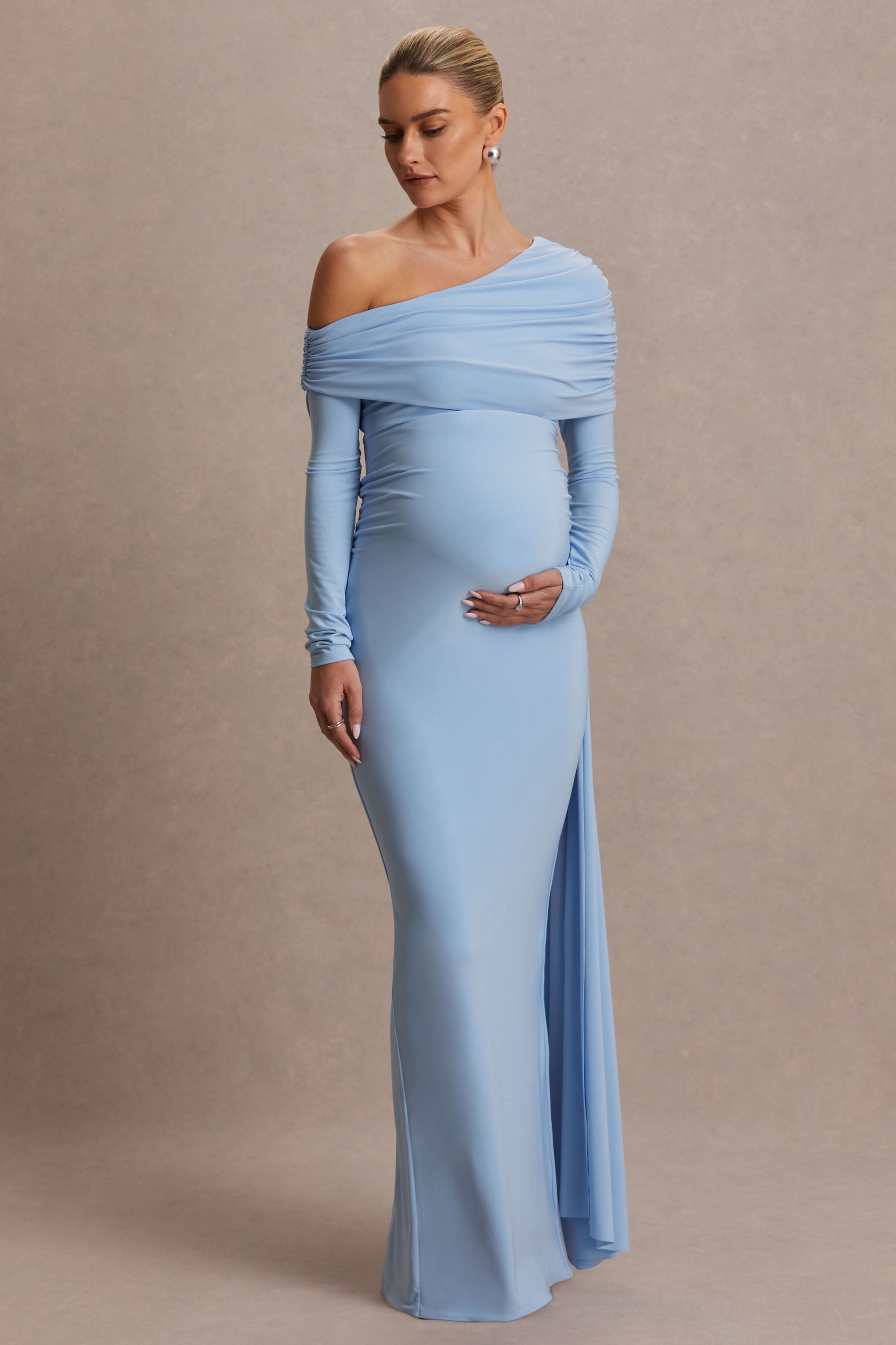 Amara | Powder Blue Asymmetric-Neck Maternity Maxi Dress With Sash Detail