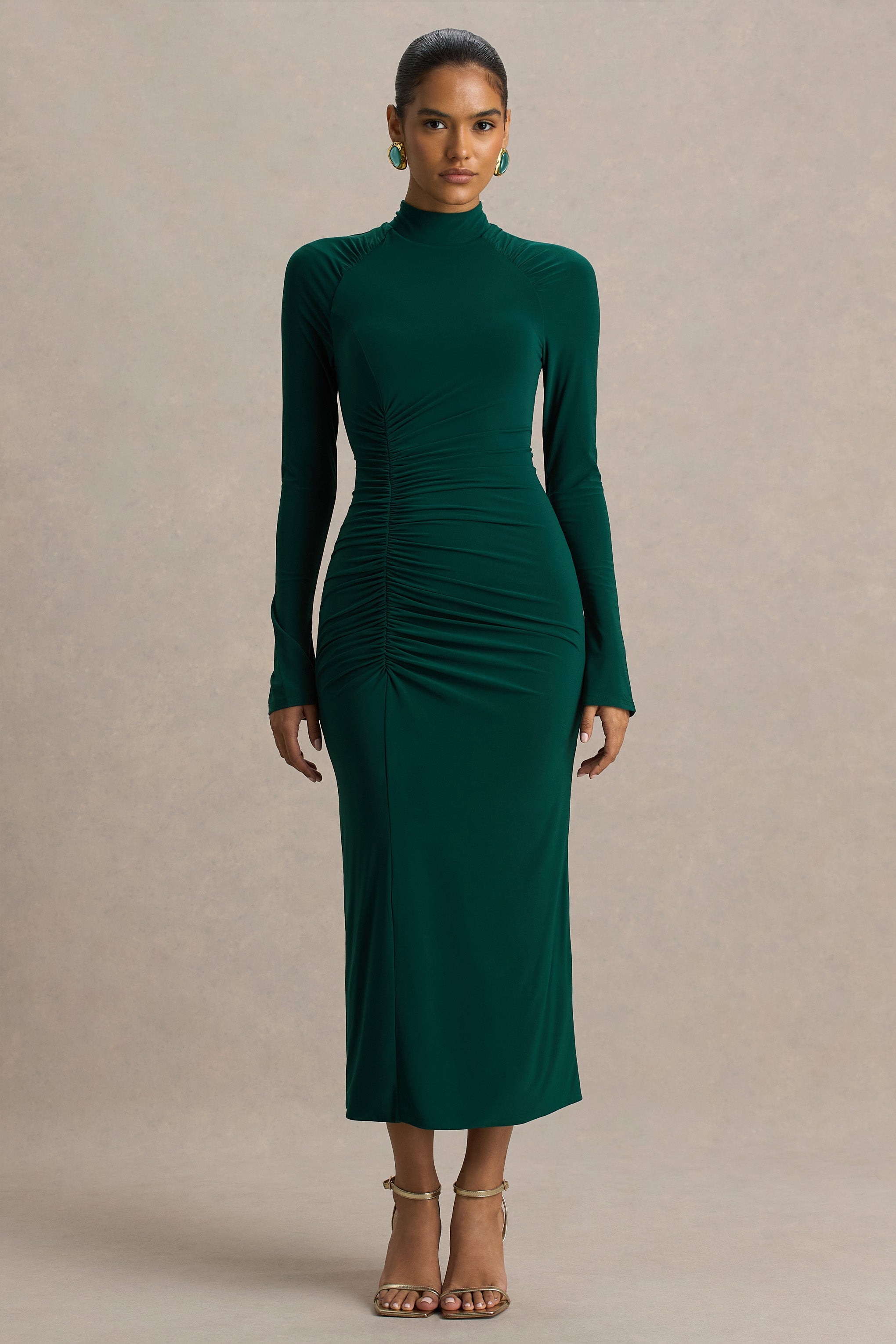 Cassandra | Bottle Green High-Neck Long-Sleeve Midi Dress