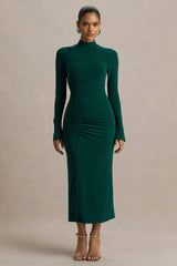 Cassandra | Bottle Green High-Neck Long-Sleeve Midi Dress