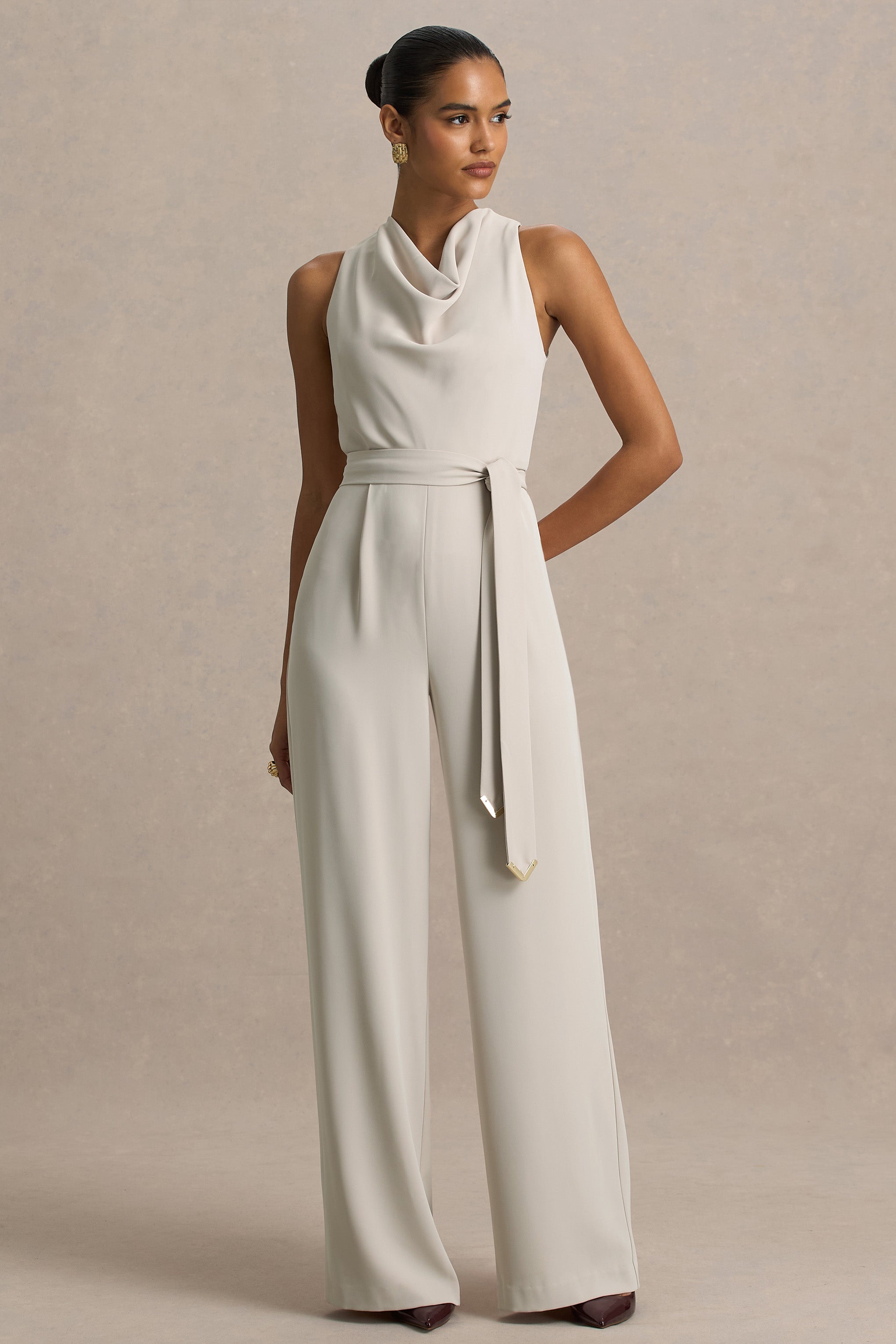 Corina | Nude Cowl-Neck Jumpsuit With Tie-Detail