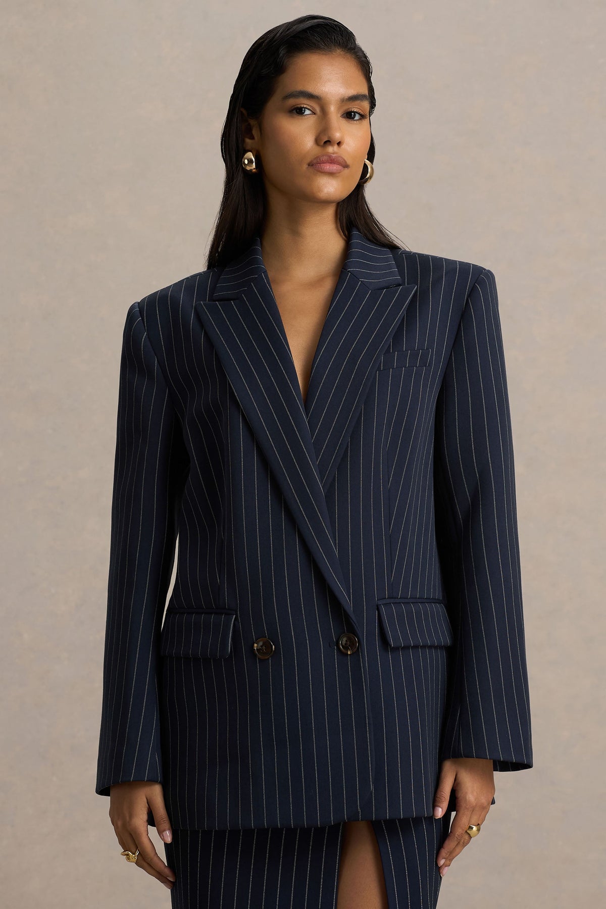 Alana | Navy Pinstripe Plunge-Neck Tailored Blazer