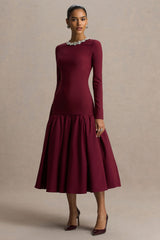 Jovana | Burgundy Hand-Embellished Crew-Neck Midi Dress With Drop Waist