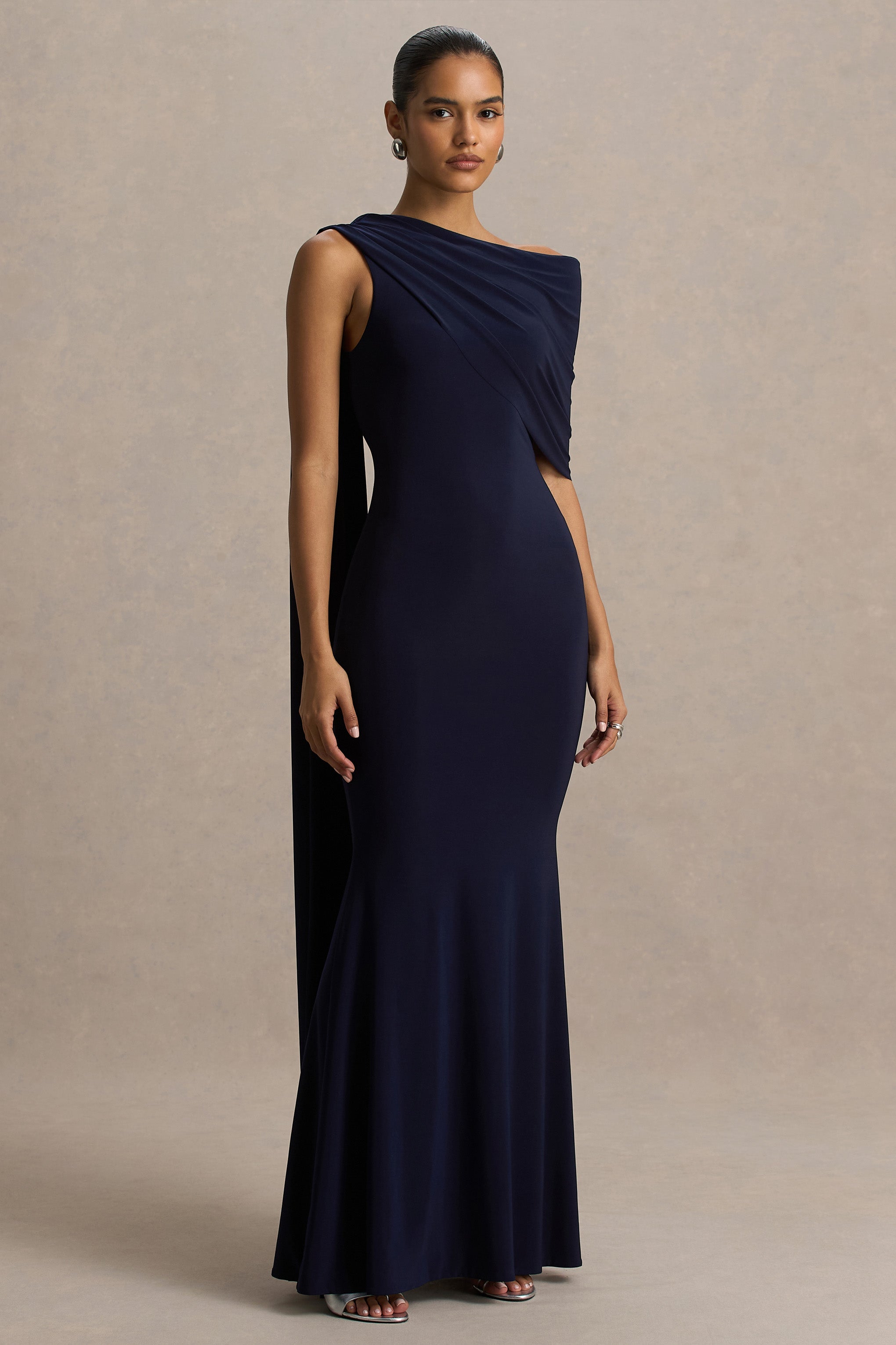 Tiana | Navy Asymmetric-Neck Maxi Dress With Drape-Detail