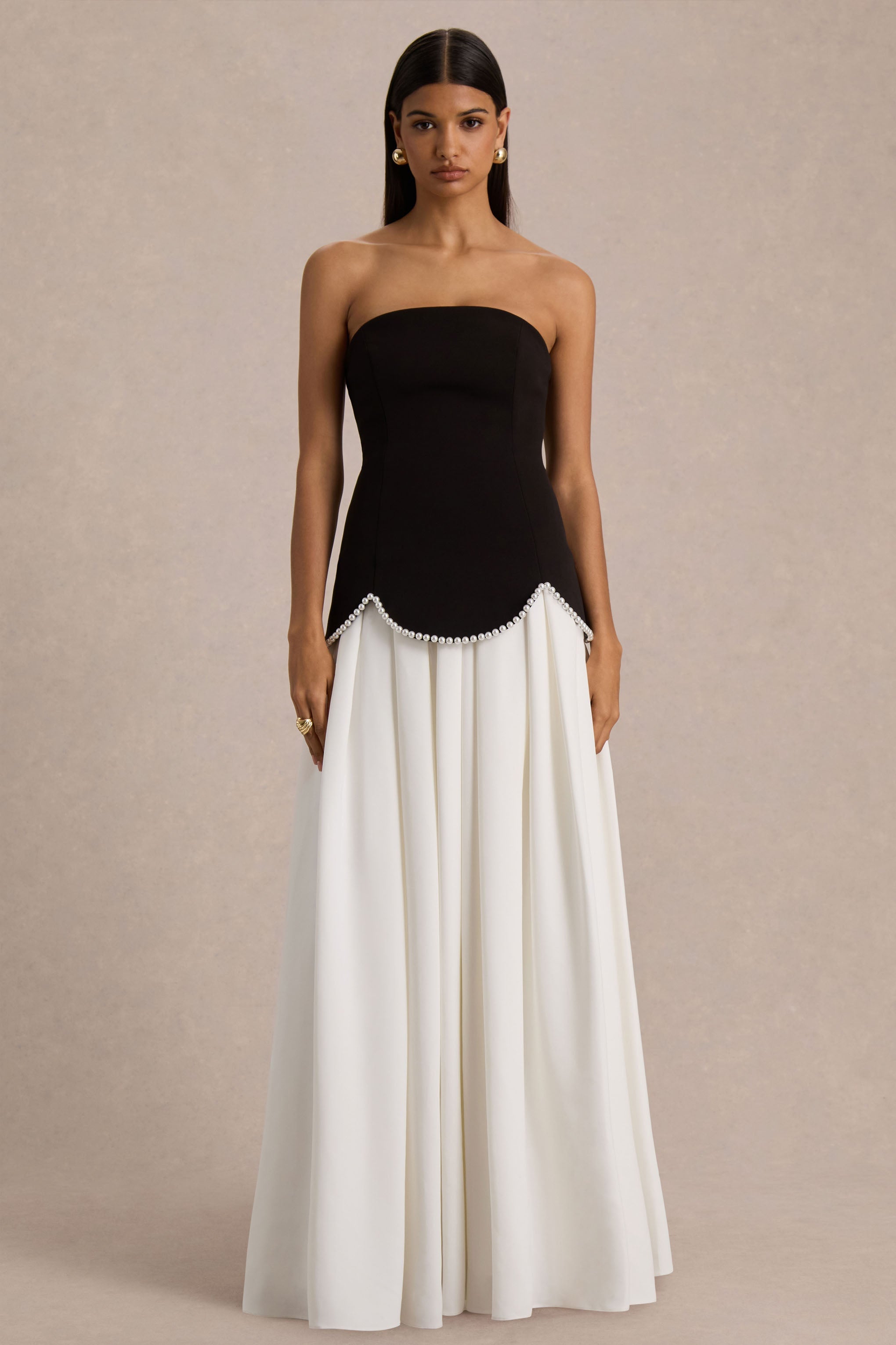 Wendy | Black And White Maxi Dress With Drop-Waist And Pearl Embellishment