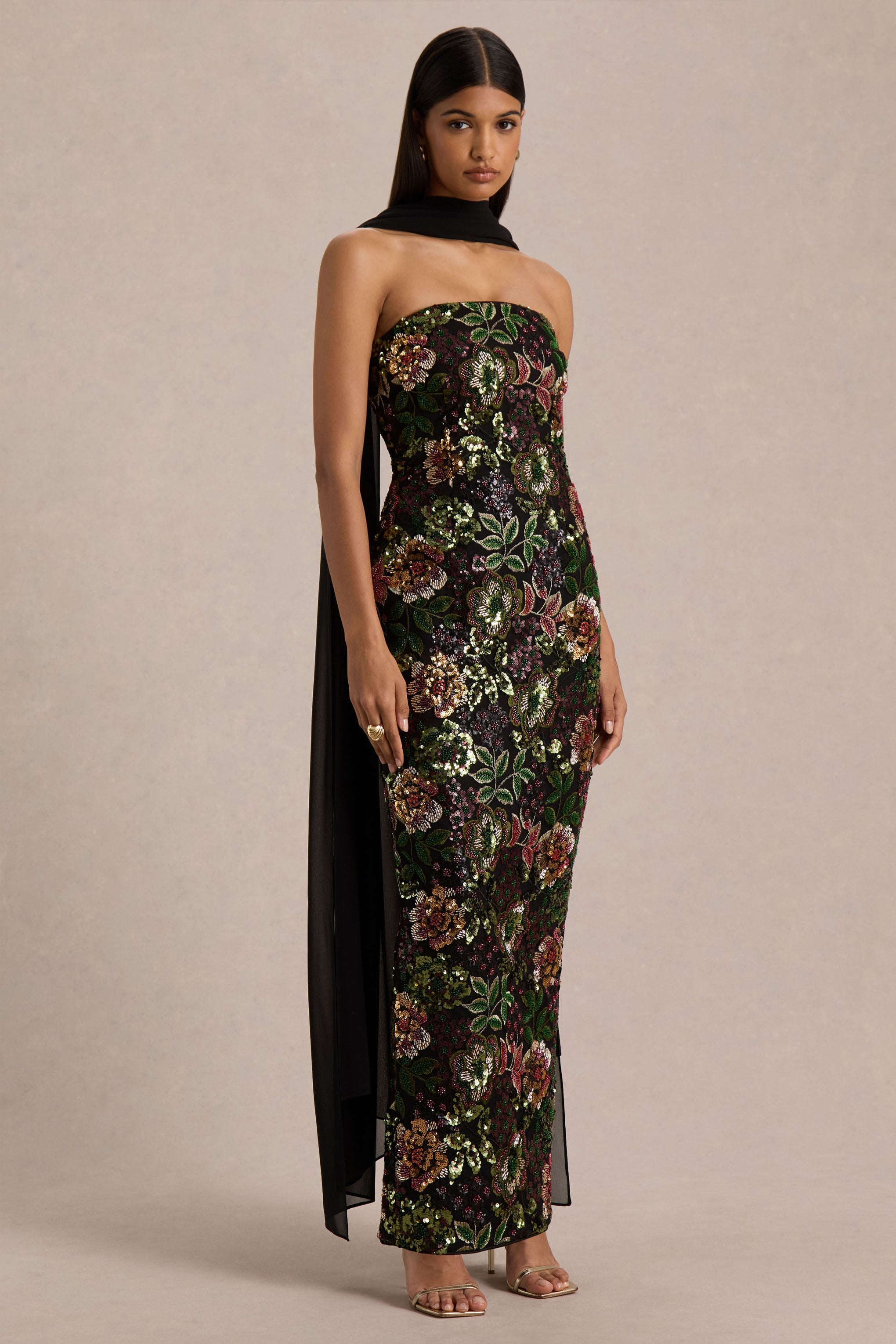 Cora | Winter Floral Embellished Mesh Bandeau Maxi Dress With Scarf