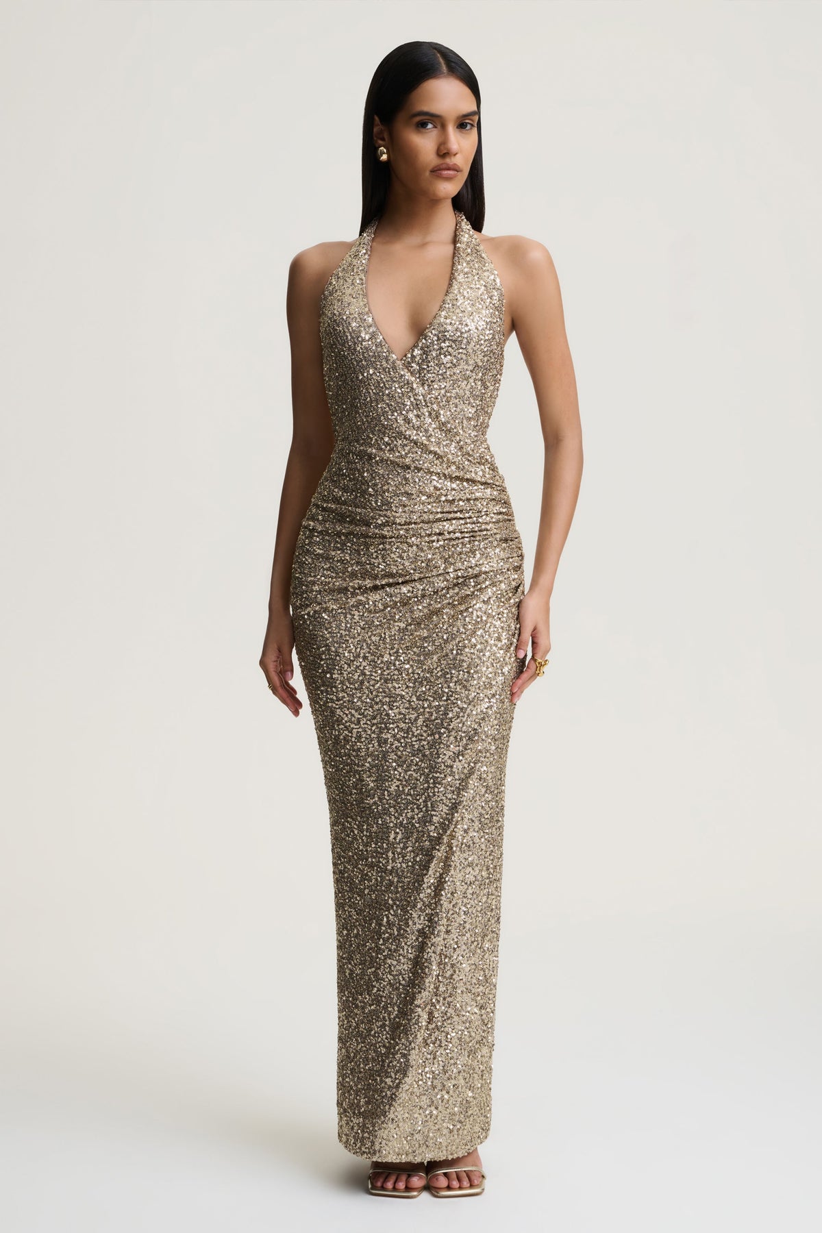Gio | Champagne Sequin Plunge-Neck Wrap Maxi Dress With Ruched Detailing