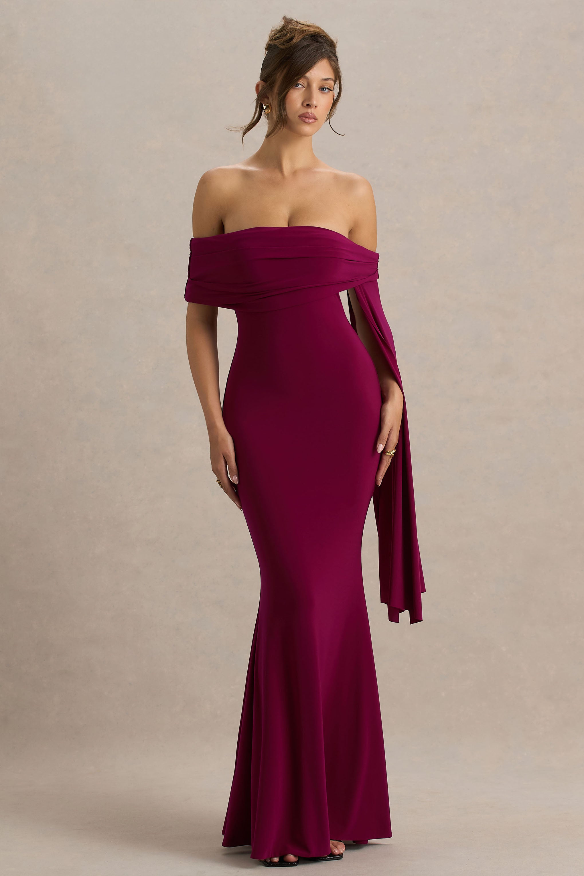 Saffina | Burgundy Bardot-Neck Maxi Dress With Sash Detail