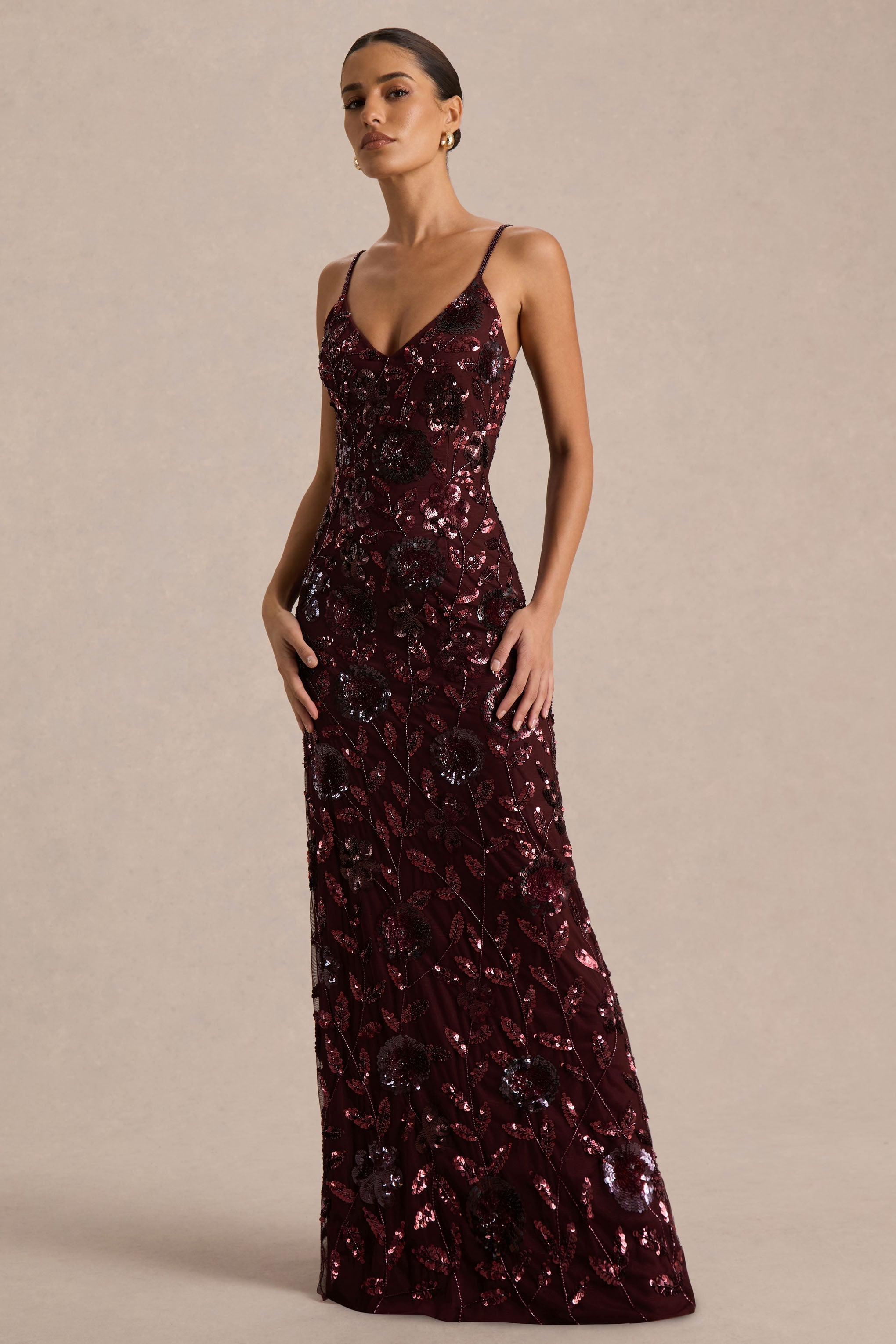 Gemini | Burgundy Floral Sequin Embellished Strappy Maxi Dress