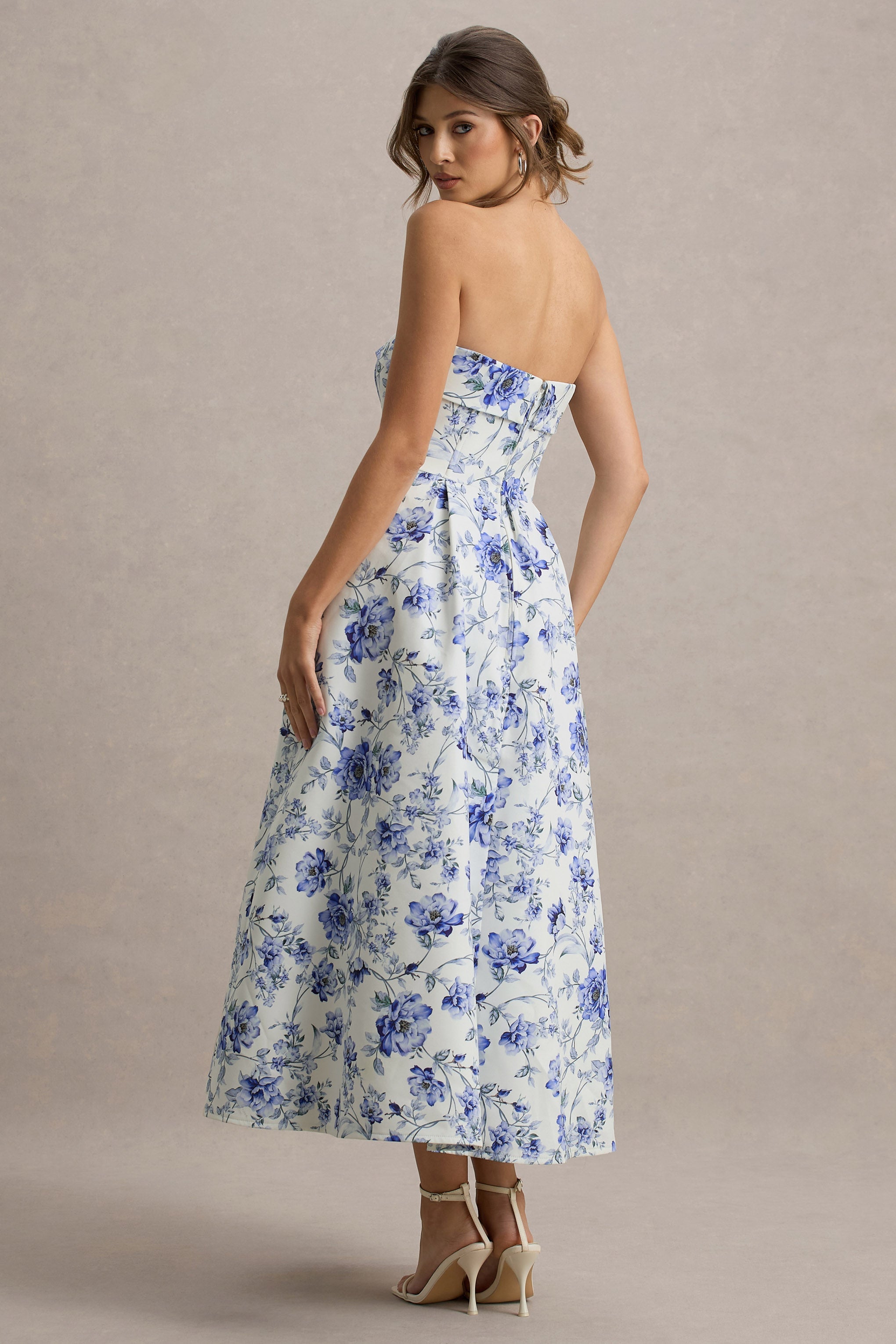 Annalise | Blue Porcelain Print Bandeau Skater Midi Dress