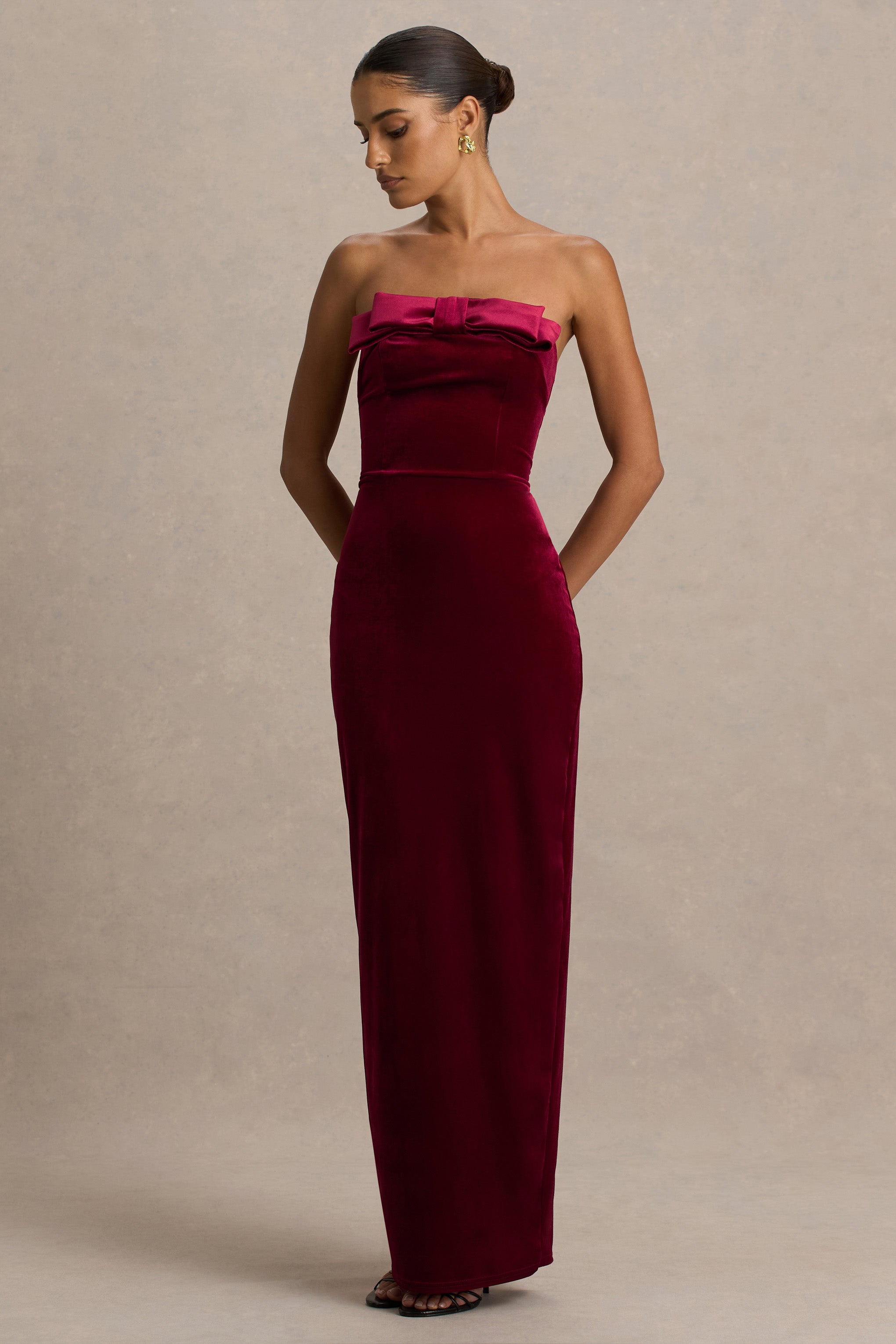Illusion | Burgundy Velvet Bandeau Maxi Dress With Bow Detail