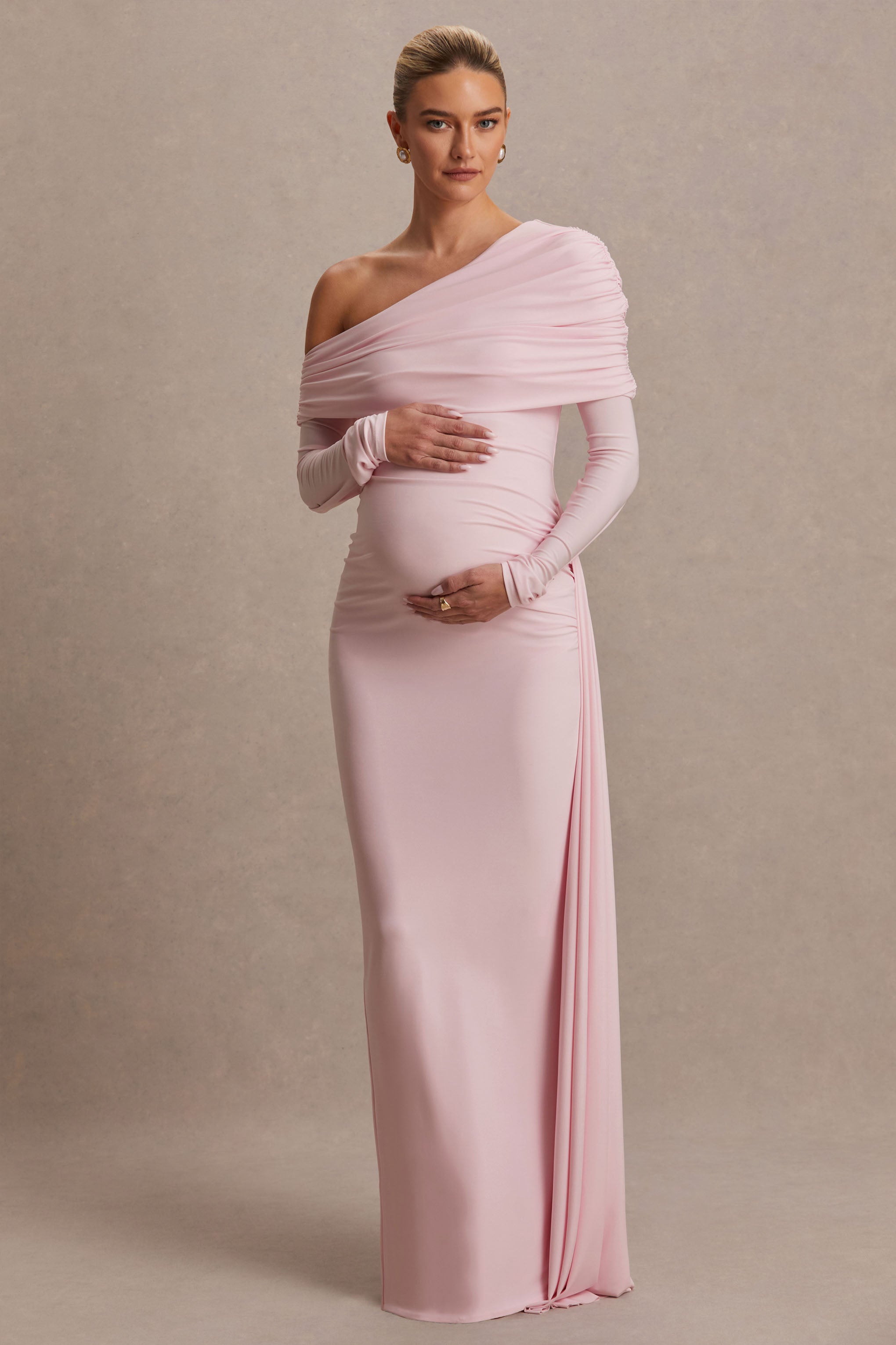 Amara | Blush Pink Asymmetric-Neck Maxi Dress With Sash Detail