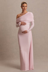 Amara | Blush Pink Asymmetric-Neck Maxi Dress With Sash Detail