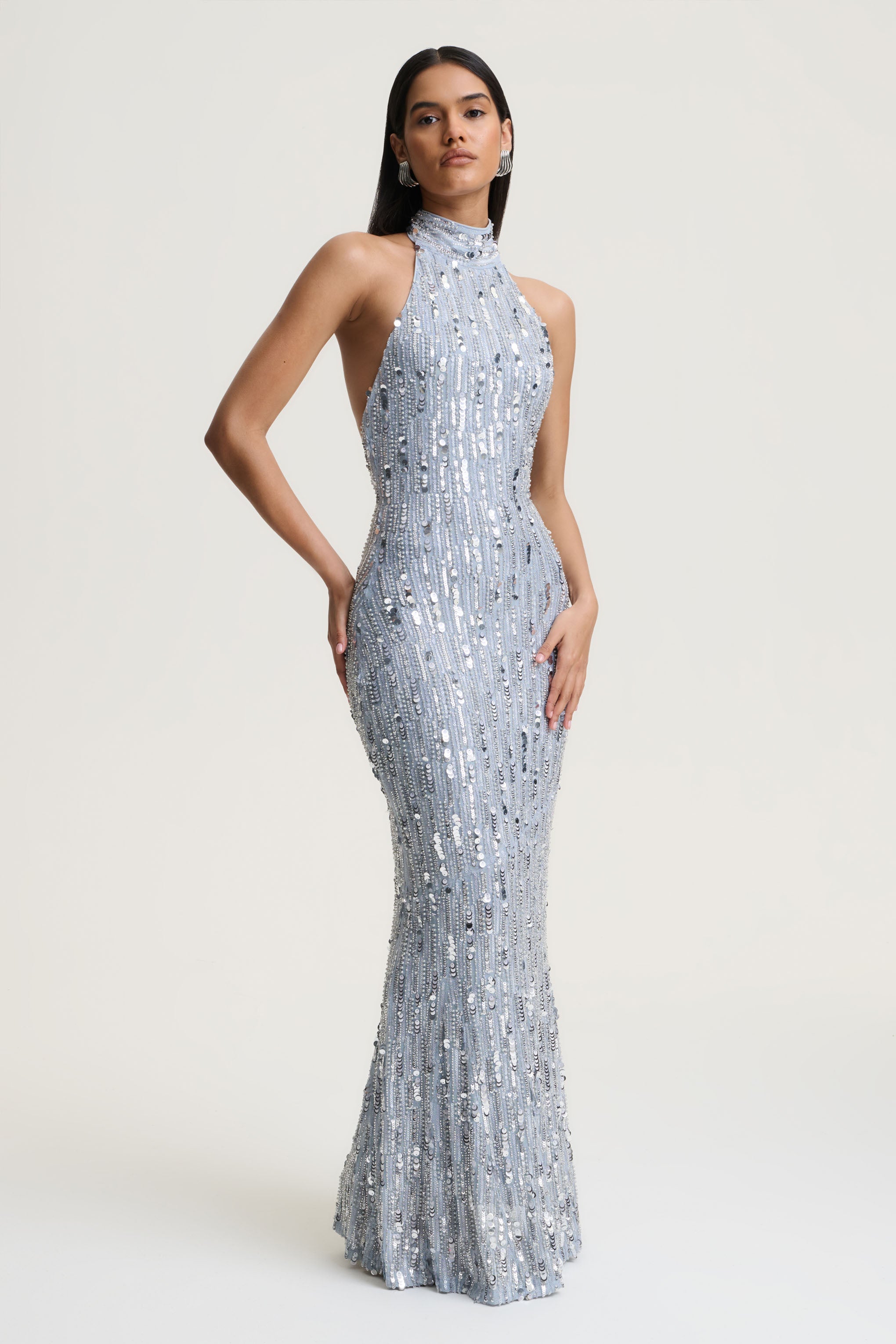 Zaira | Silver Sequin High-Neck Maxi Dress With Open-Back